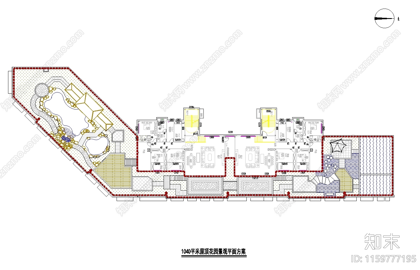 1040㎡屋顶花园景观cad施工图下载【ID:1159777195】