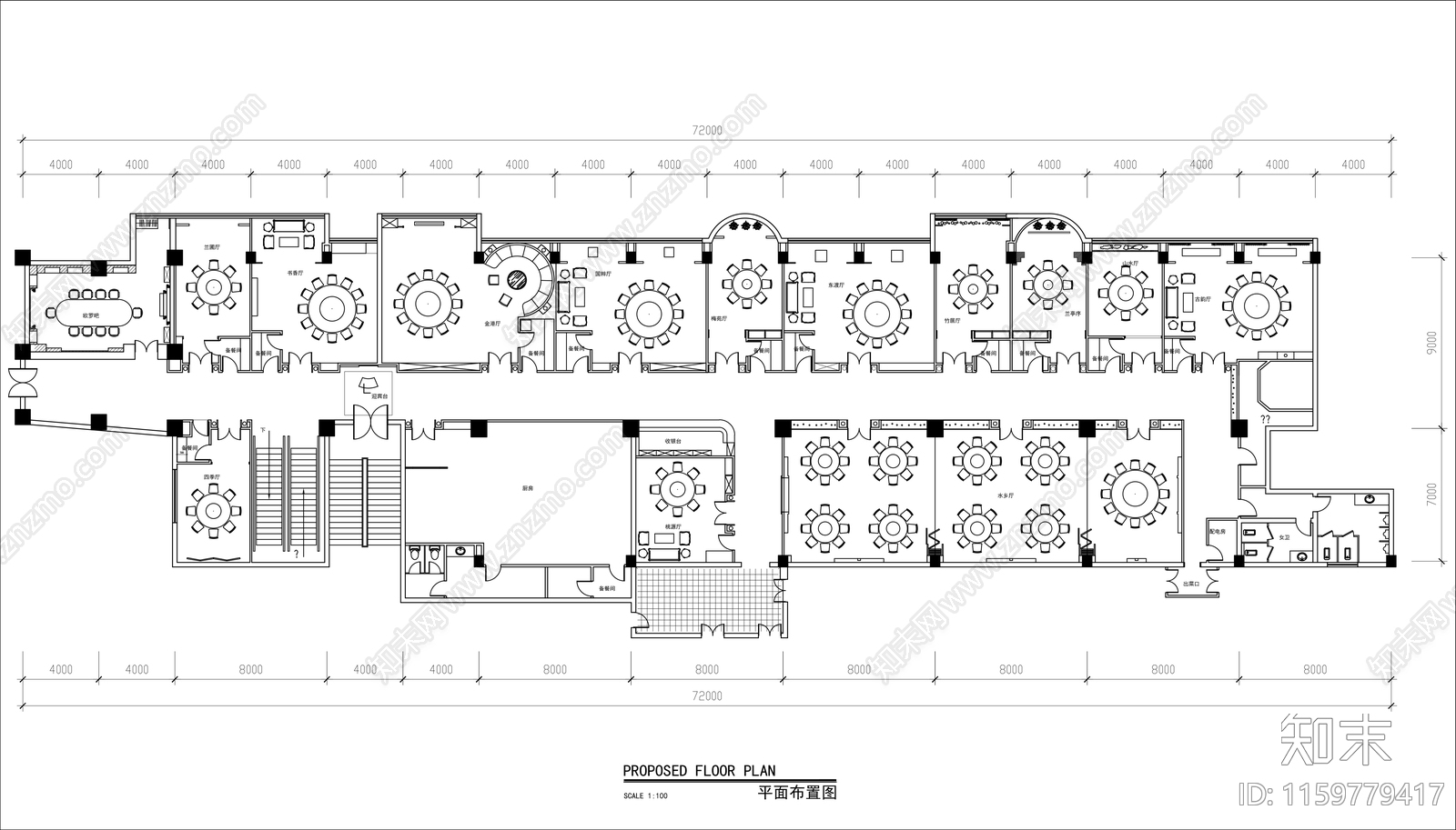 1400㎡中式酒楼平面布置图cad施工图下载【ID:1159779417】