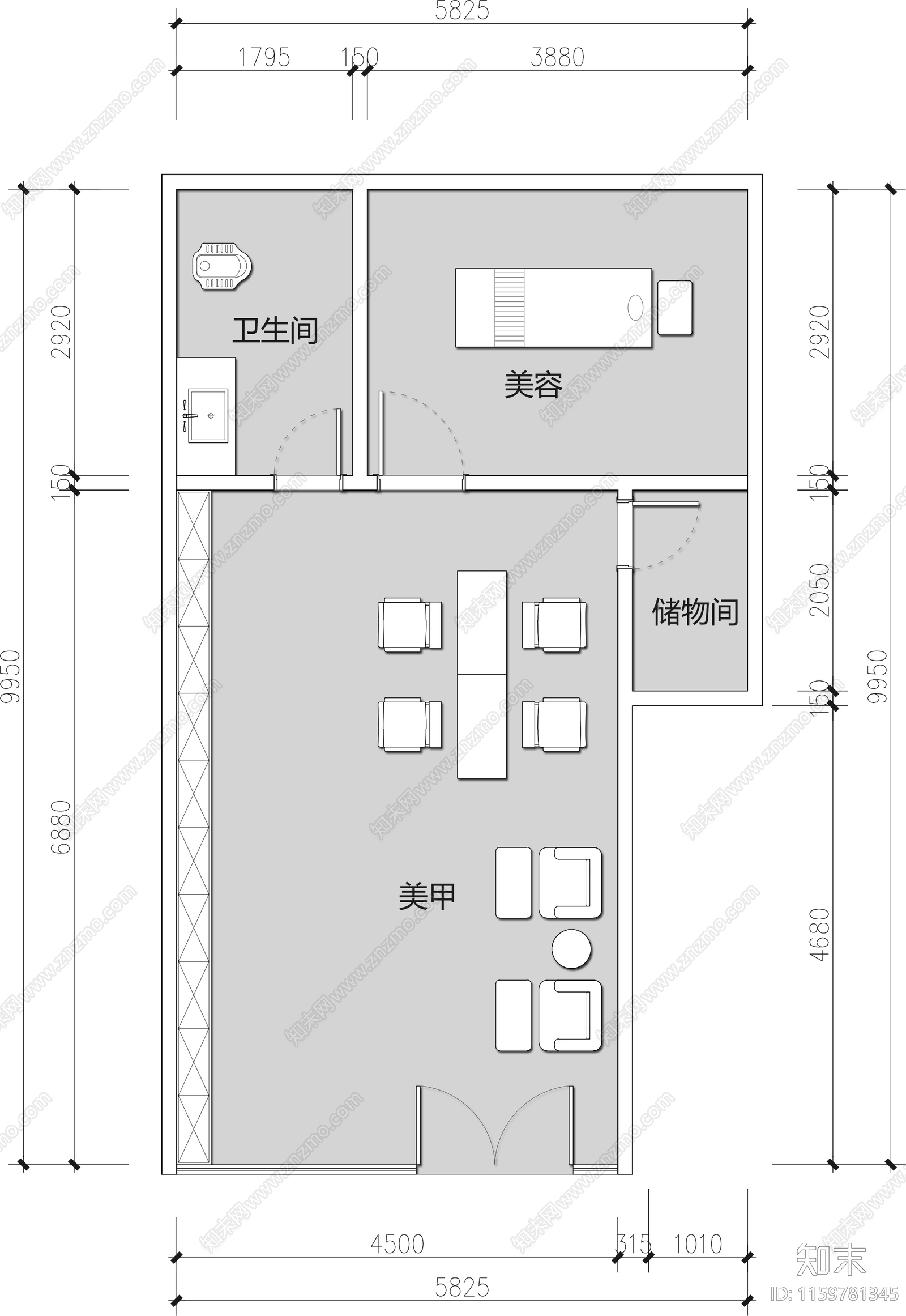 美甲美容护肤中心施工图下载【ID:1159781345】