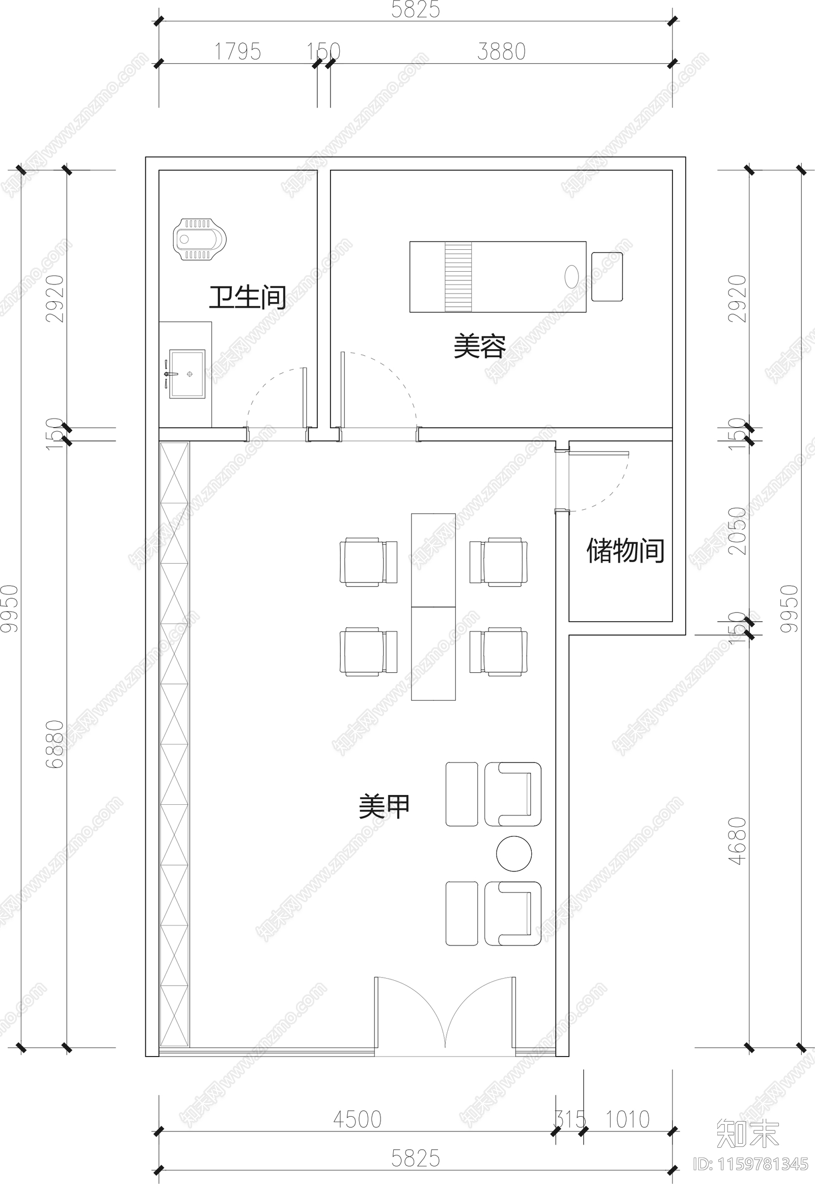 美甲美容护肤中心施工图下载【ID:1159781345】