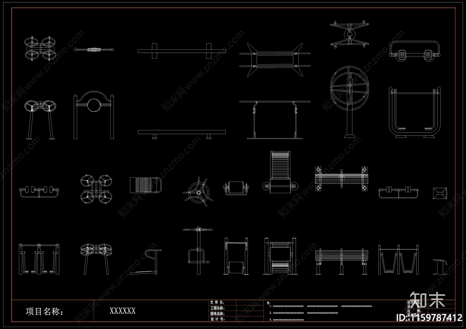现代户外健身器材cad施工图下载【ID:1159787412】