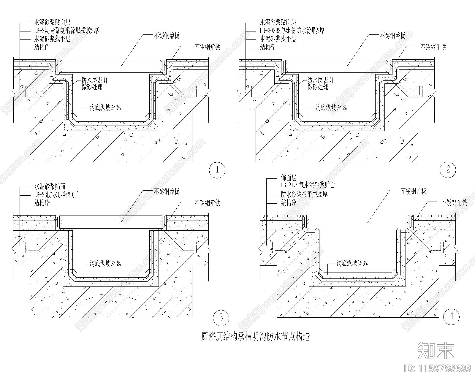 厨浴厕结构承槽明沟防水节点构造施工图下载【ID:1159788693】