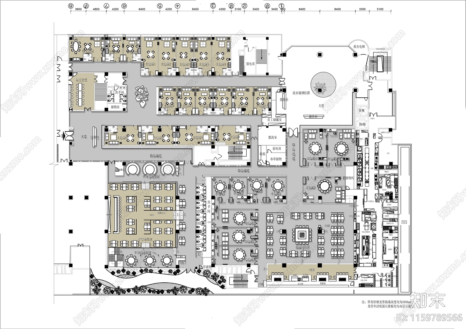4000㎡酒店综合餐厅平面布局方案施工图下载【ID:1159789566】