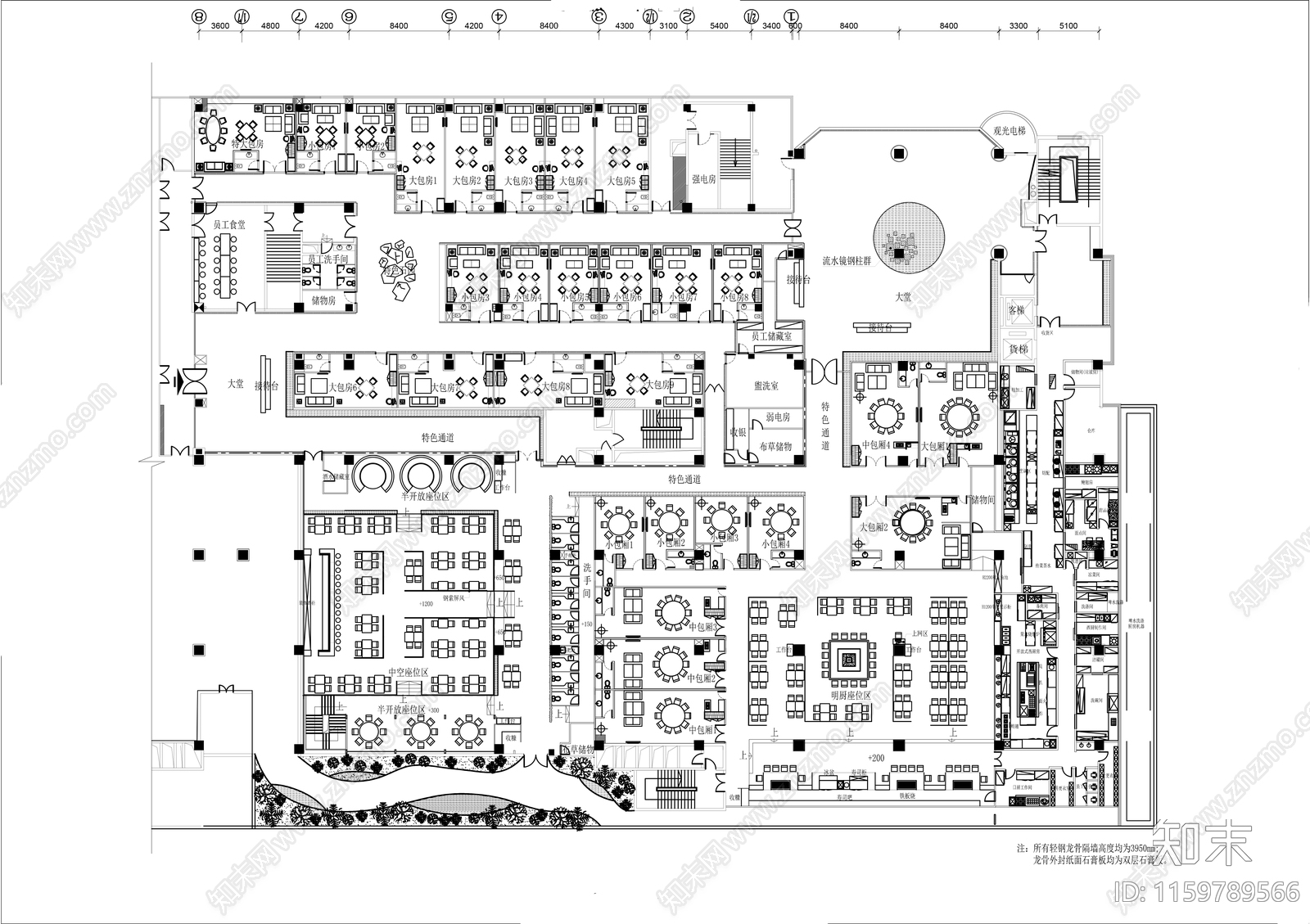 4000㎡酒店综合餐厅平面布局方案cad施工图下载【ID:1159789566】
