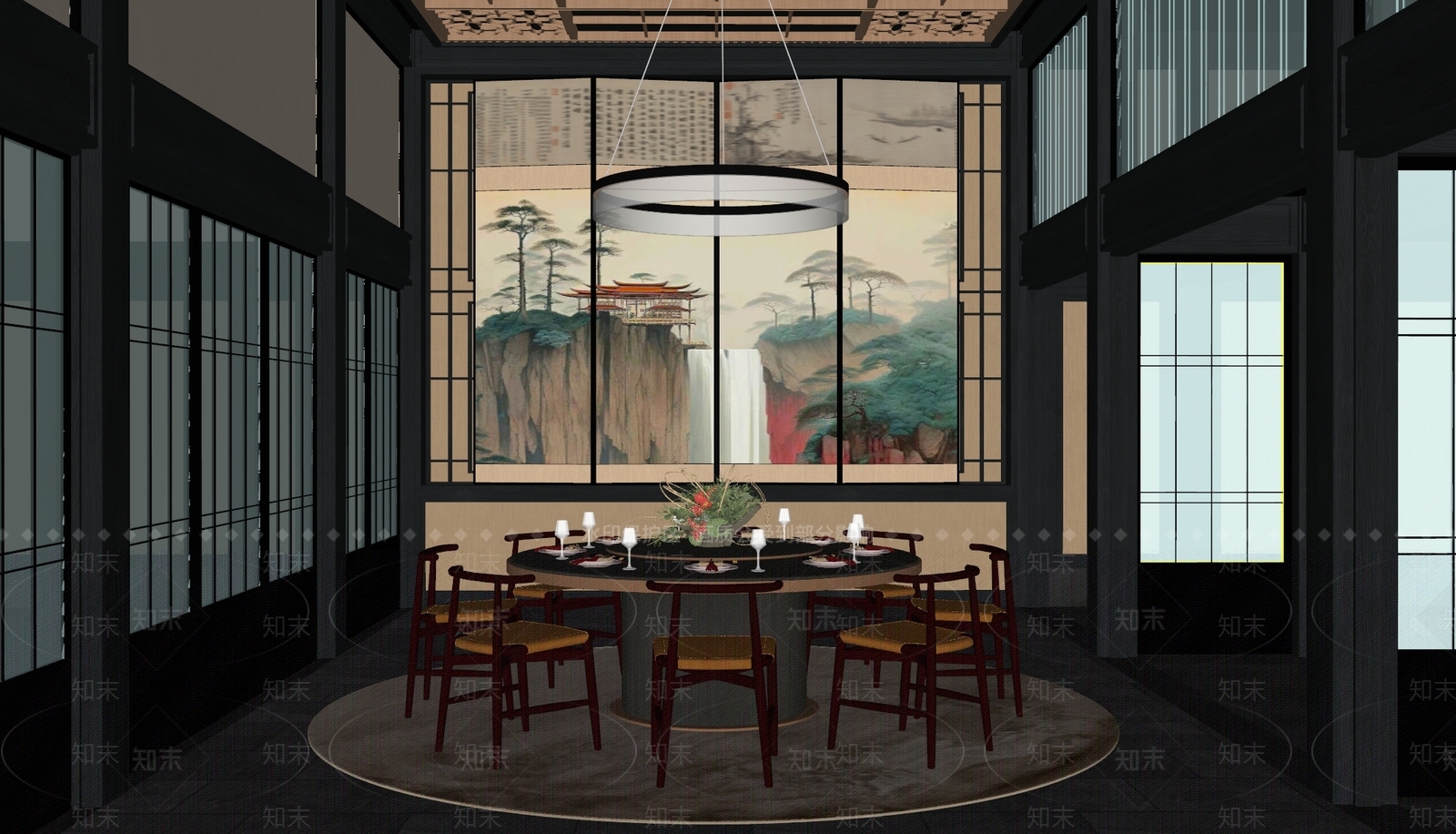 新中式餐厅包间SU模型下载【ID:1159794349】