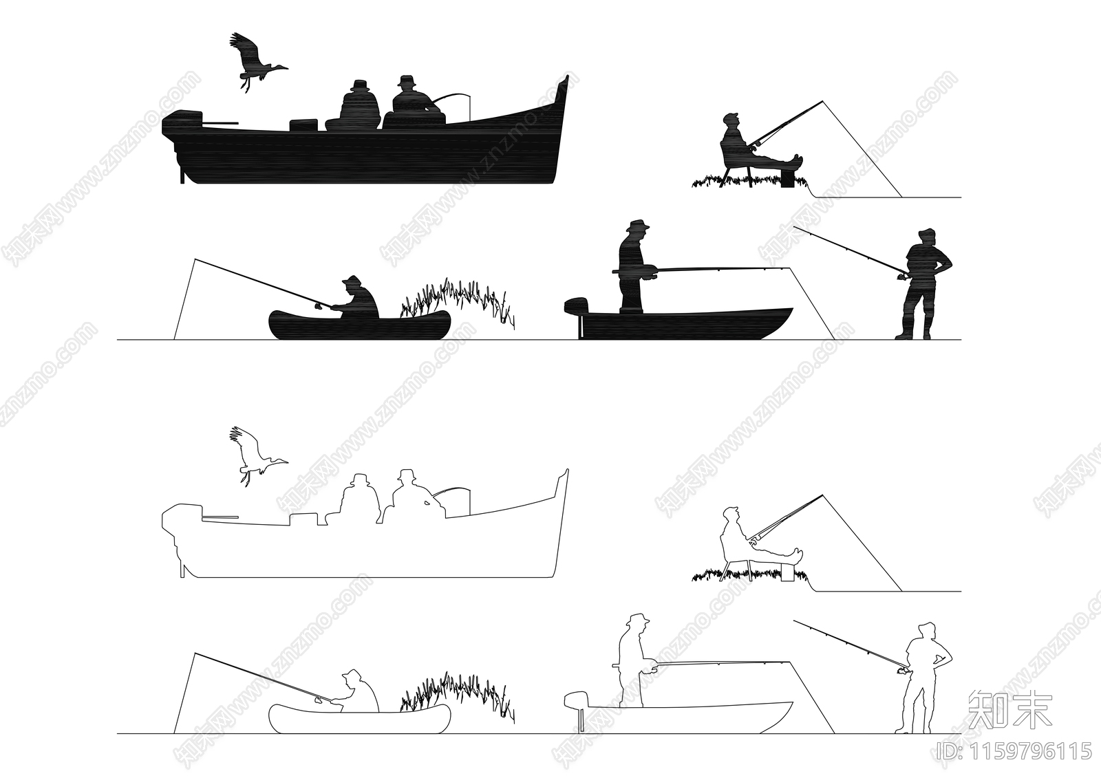 各类在钓鱼时的人物动作姿态cad施工图下载【ID:1159796115】