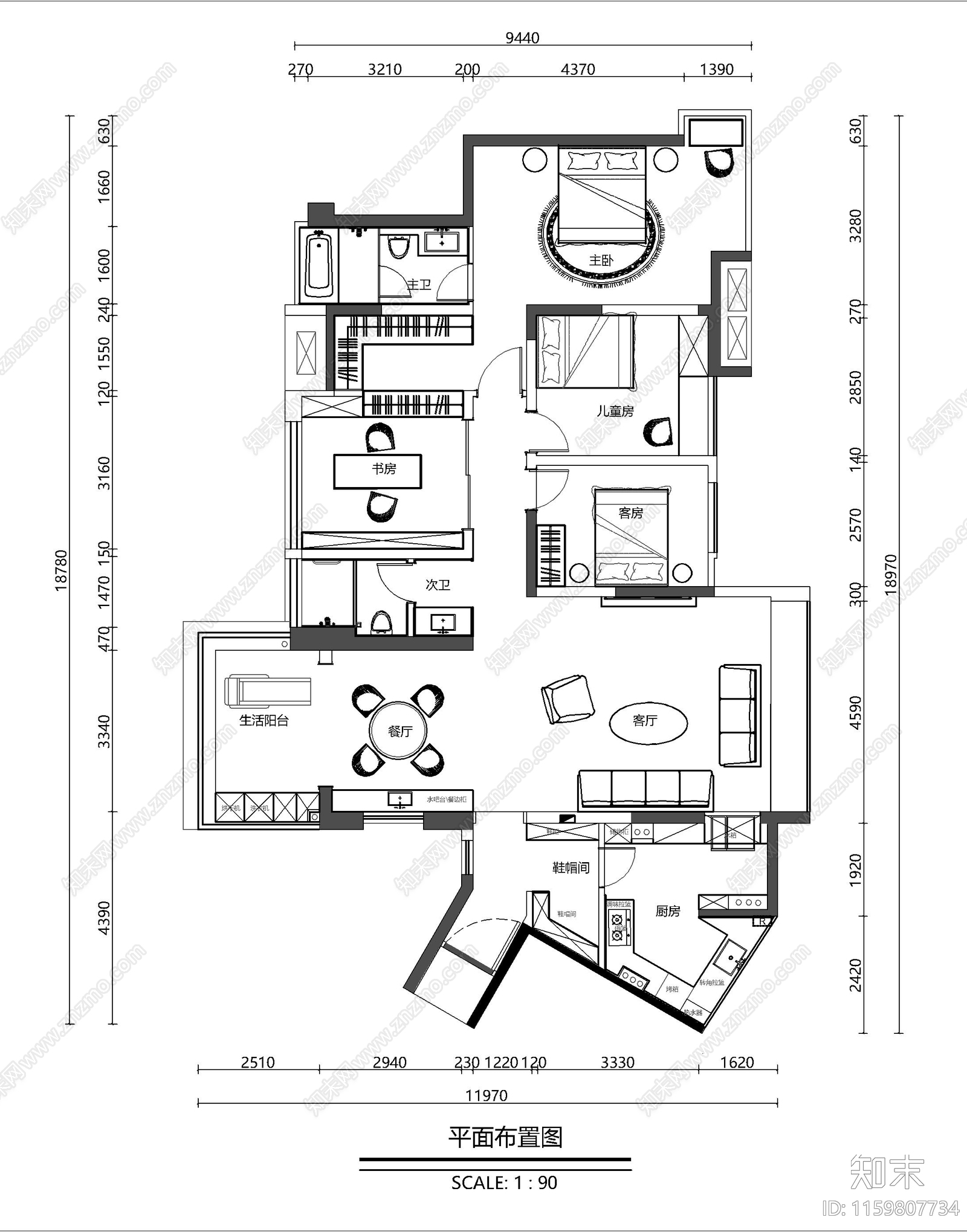 现代法式室内设计平面图施工图下载【ID:1159807734】