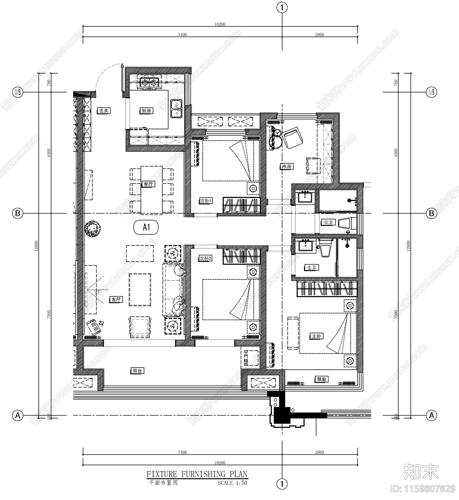 新中式大平层室内设计平面图施工图下载【ID:1159807829】