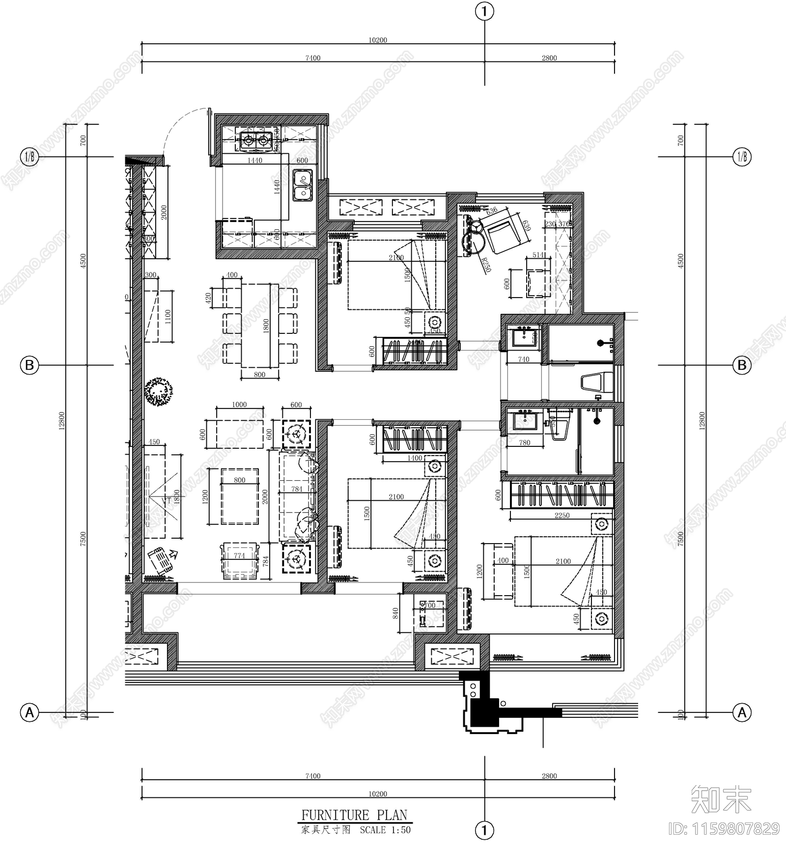 新中式大平层室内设计平面图施工图下载【ID:1159807829】