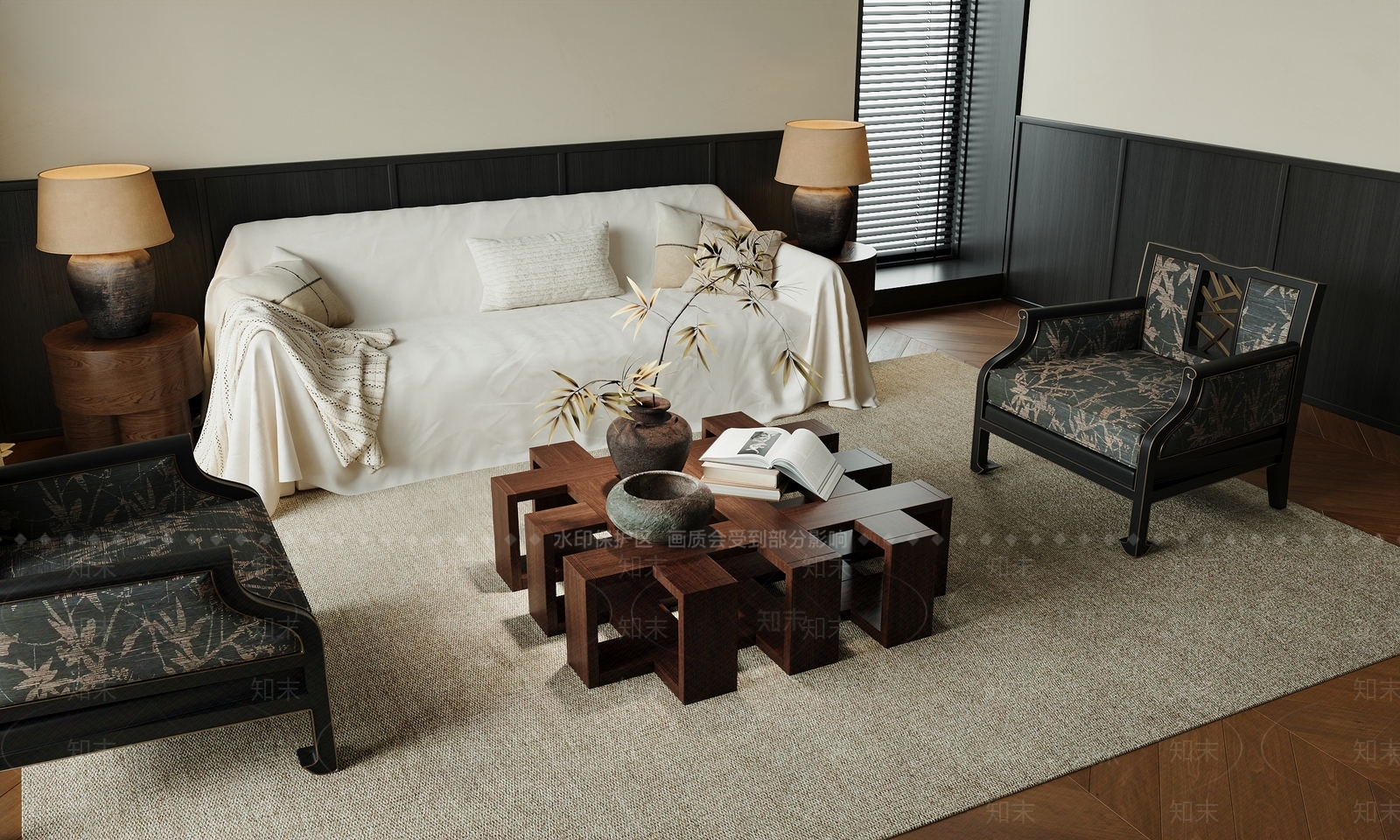 侘寂风沙发茶几组合3D模型下载【ID:1159814307】