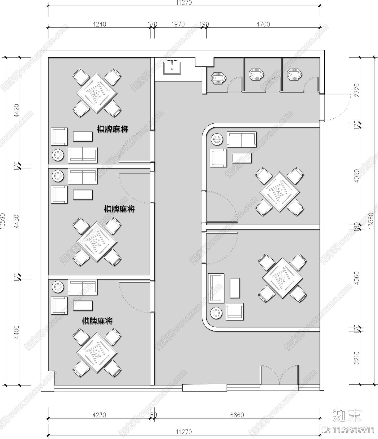 麻将棋牌室平面图cad施工图下载【ID:1159818011】