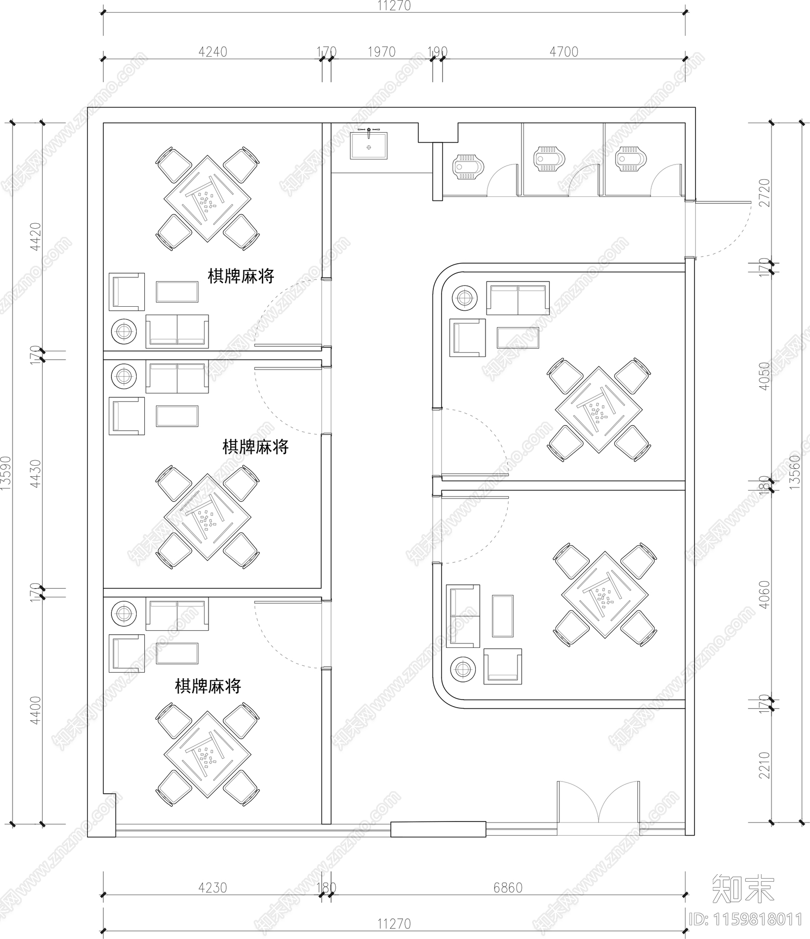 麻将棋牌室平面图cad施工图下载【ID:1159818011】