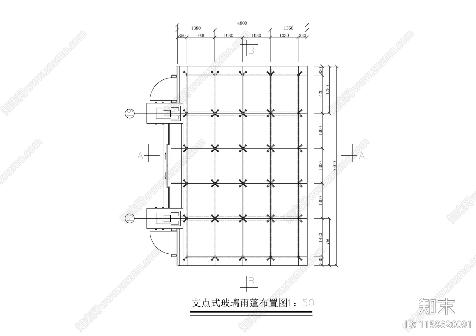 支点式玻璃雨蓬cad施工图下载【ID:1159820091】