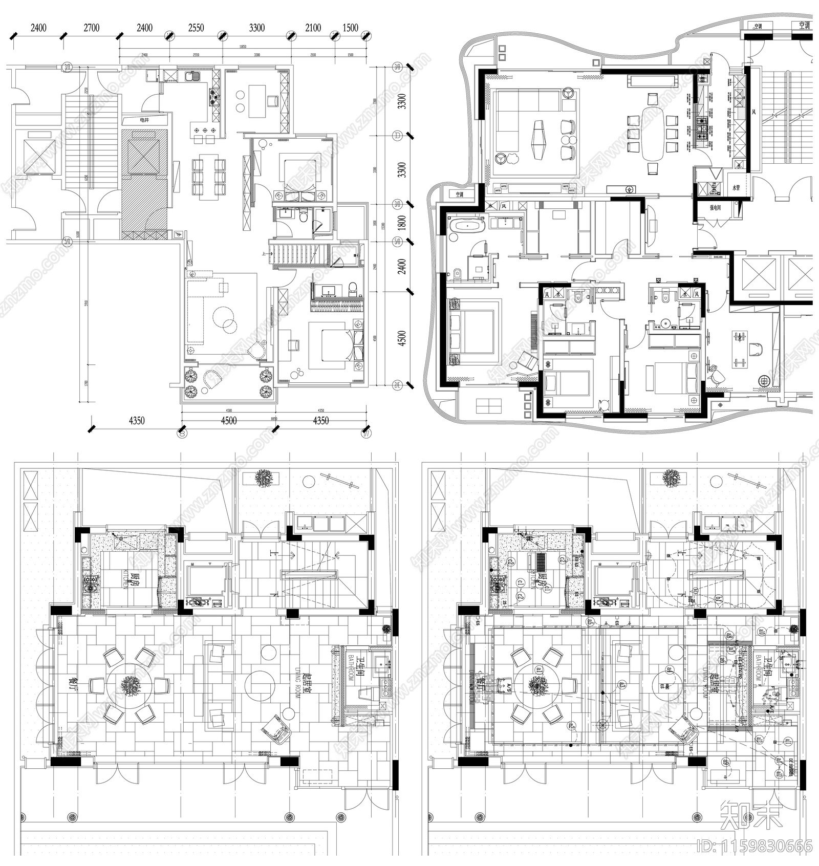 家装大户型小户型别墅平面方案布置图素材cad施工图下载【ID:1159830666】