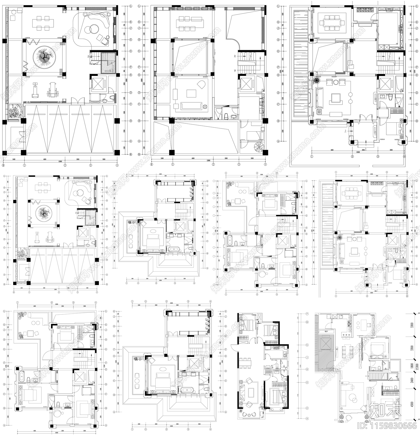 家装大户型小户型别墅平面方案布置图素材cad施工图下载【ID:1159830666】