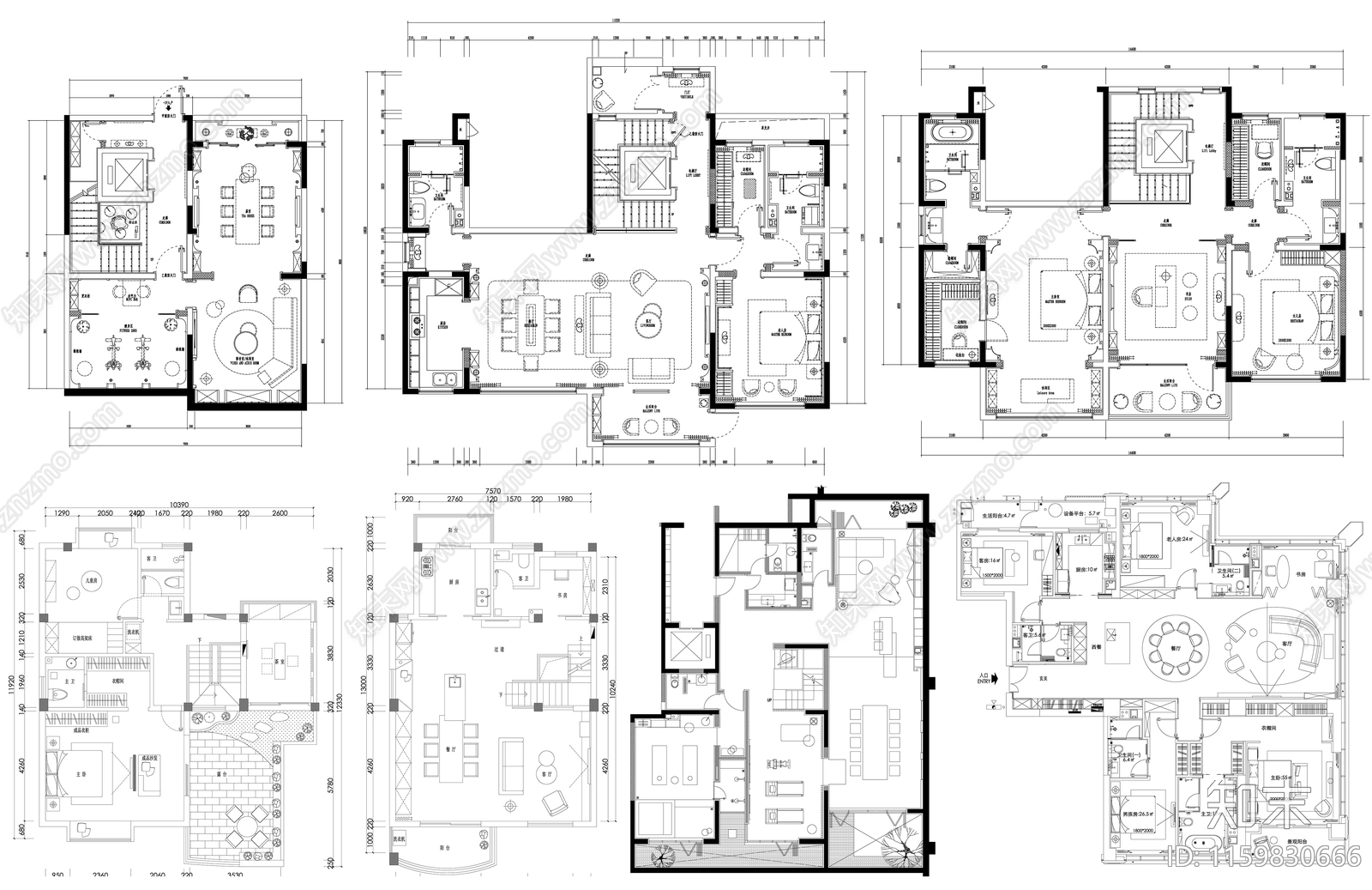 家装大户型小户型别墅平面方案布置图素材cad施工图下载【ID:1159830666】