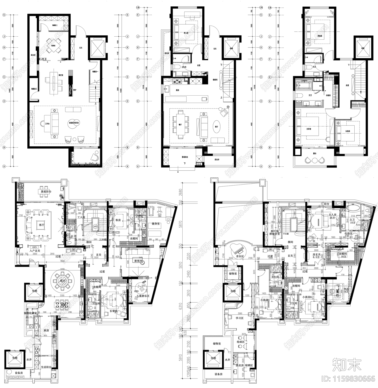 家装大户型小户型别墅平面方案布置图素材cad施工图下载【ID:1159830666】