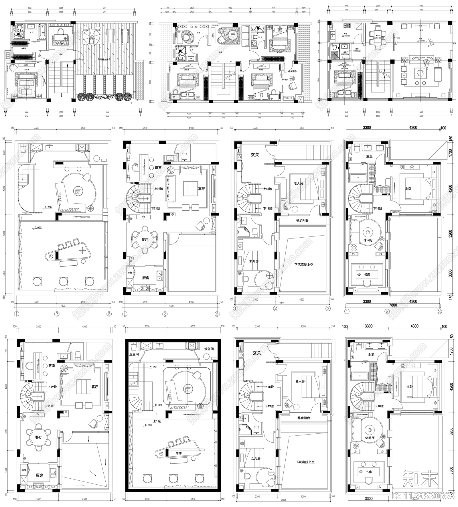 家装大户型小户型别墅平面方案布置图素材cad施工图下载【ID:1159830666】