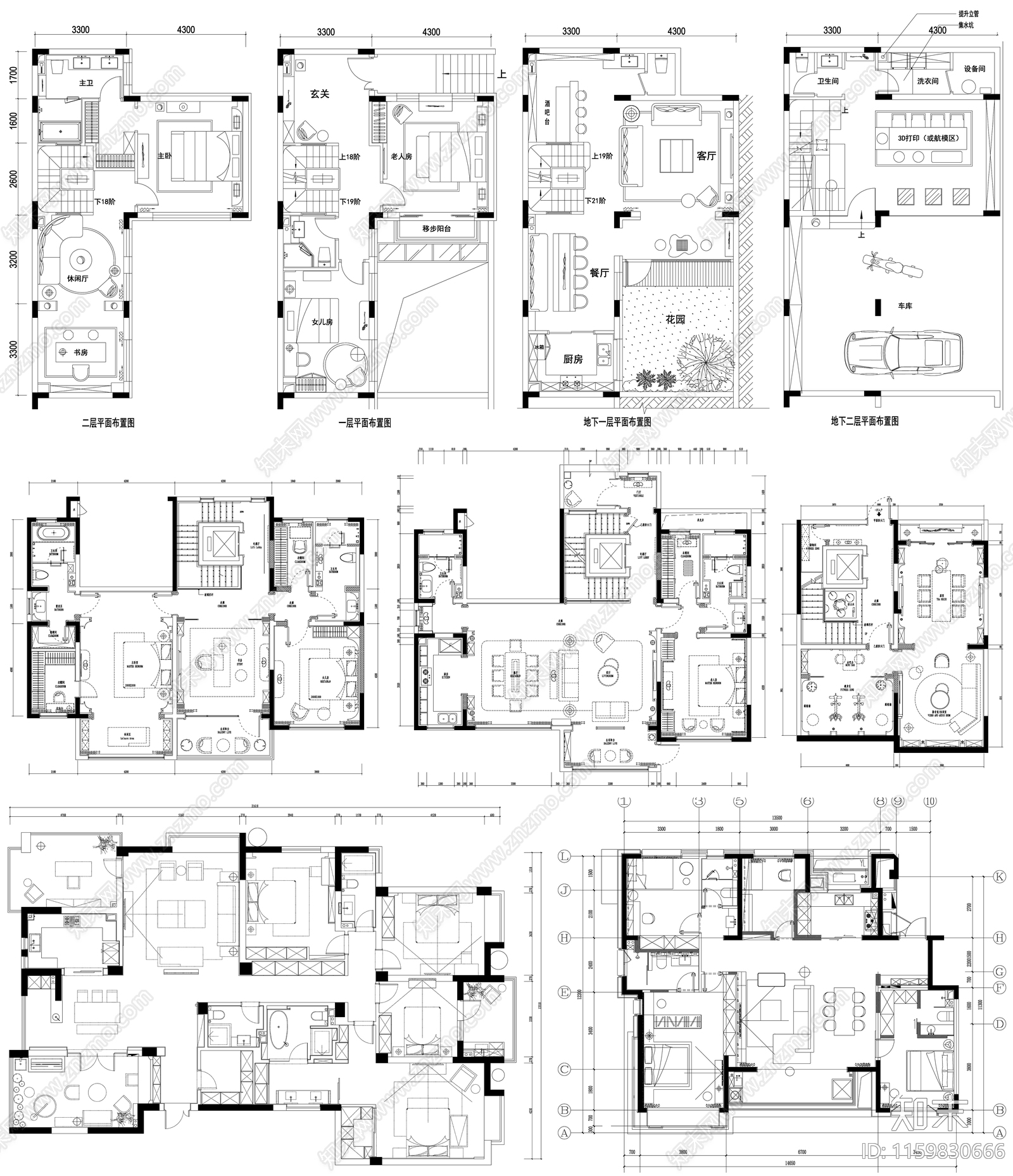 家装大户型小户型别墅平面方案布置图素材cad施工图下载【ID:1159830666】