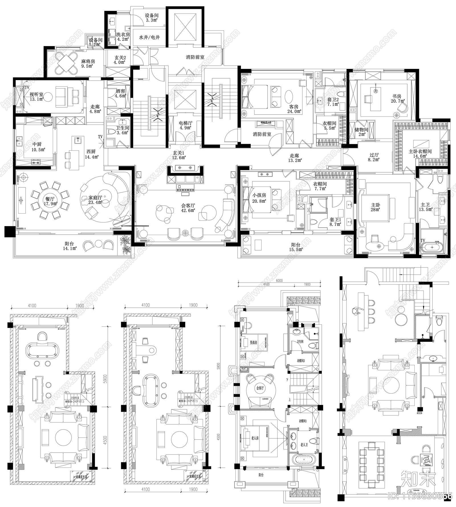 家装大户型小户型别墅平面方案布置图素材cad施工图下载【ID:1159830666】