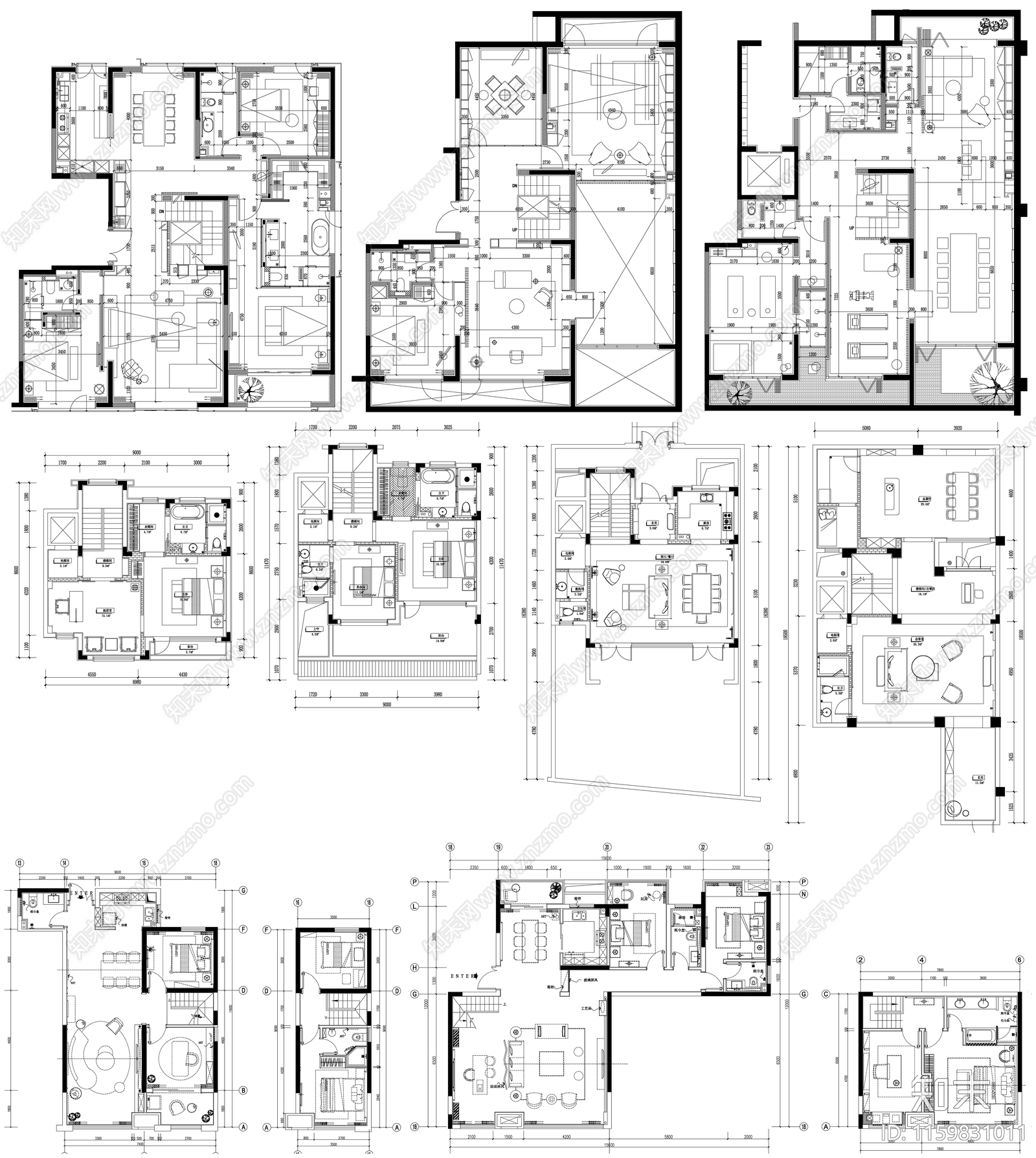 家装大户型小户型别墅平面方案布置图素材cad施工图下载【ID:1159831011】