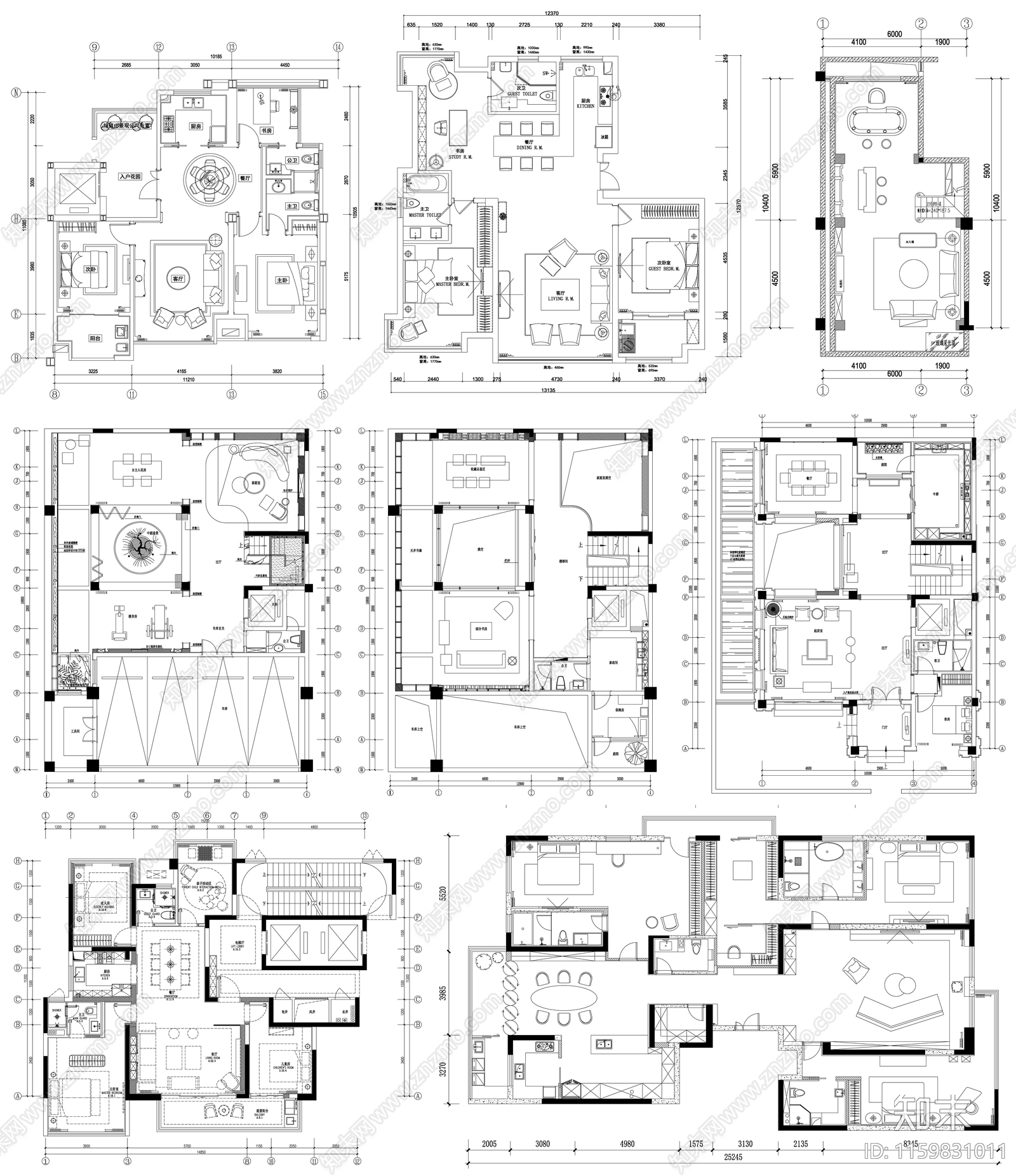 家装大户型小户型别墅平面方案布置图素材施工图下载【ID:1159831011】