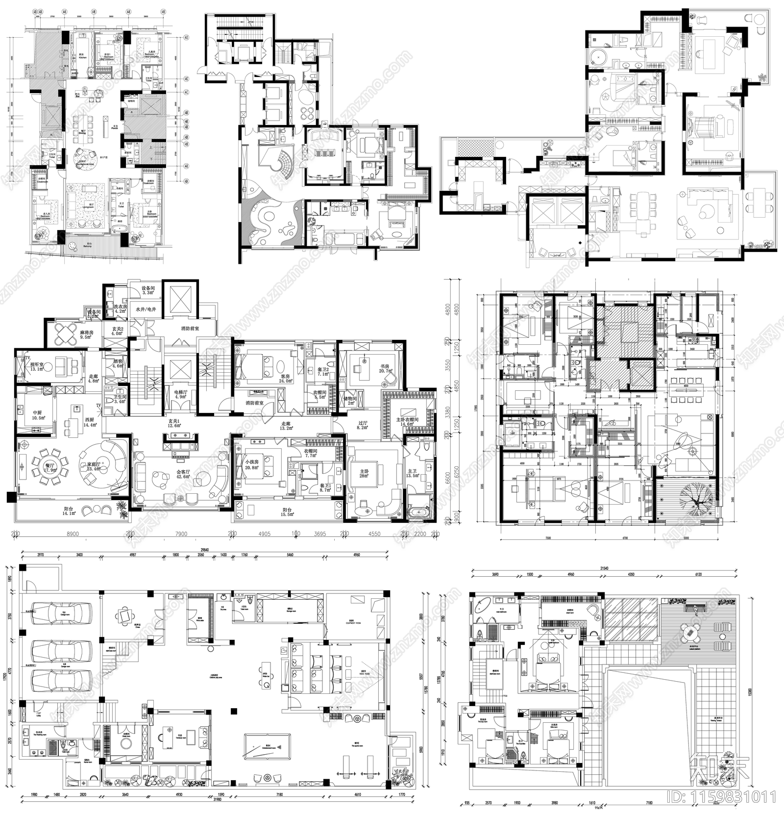 家装大户型小户型别墅平面方案布置图素材cad施工图下载【ID:1159831011】