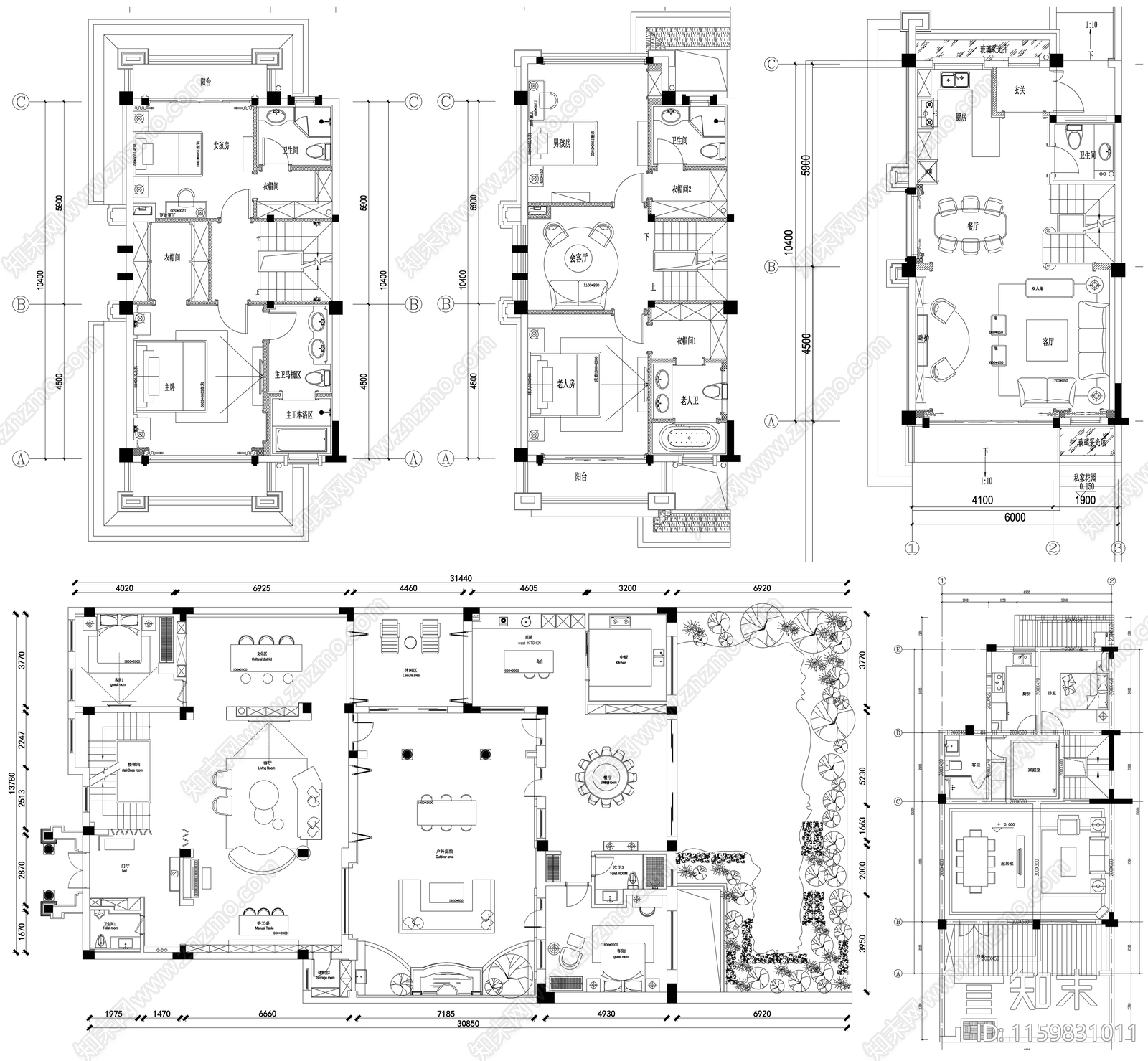 家装大户型小户型别墅平面方案布置图素材cad施工图下载【ID:1159831011】