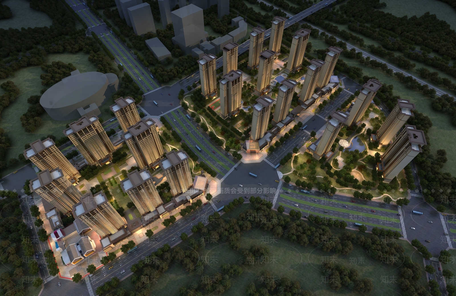 现代住宅夜景鸟瞰3D模型下载【ID:1159832791】