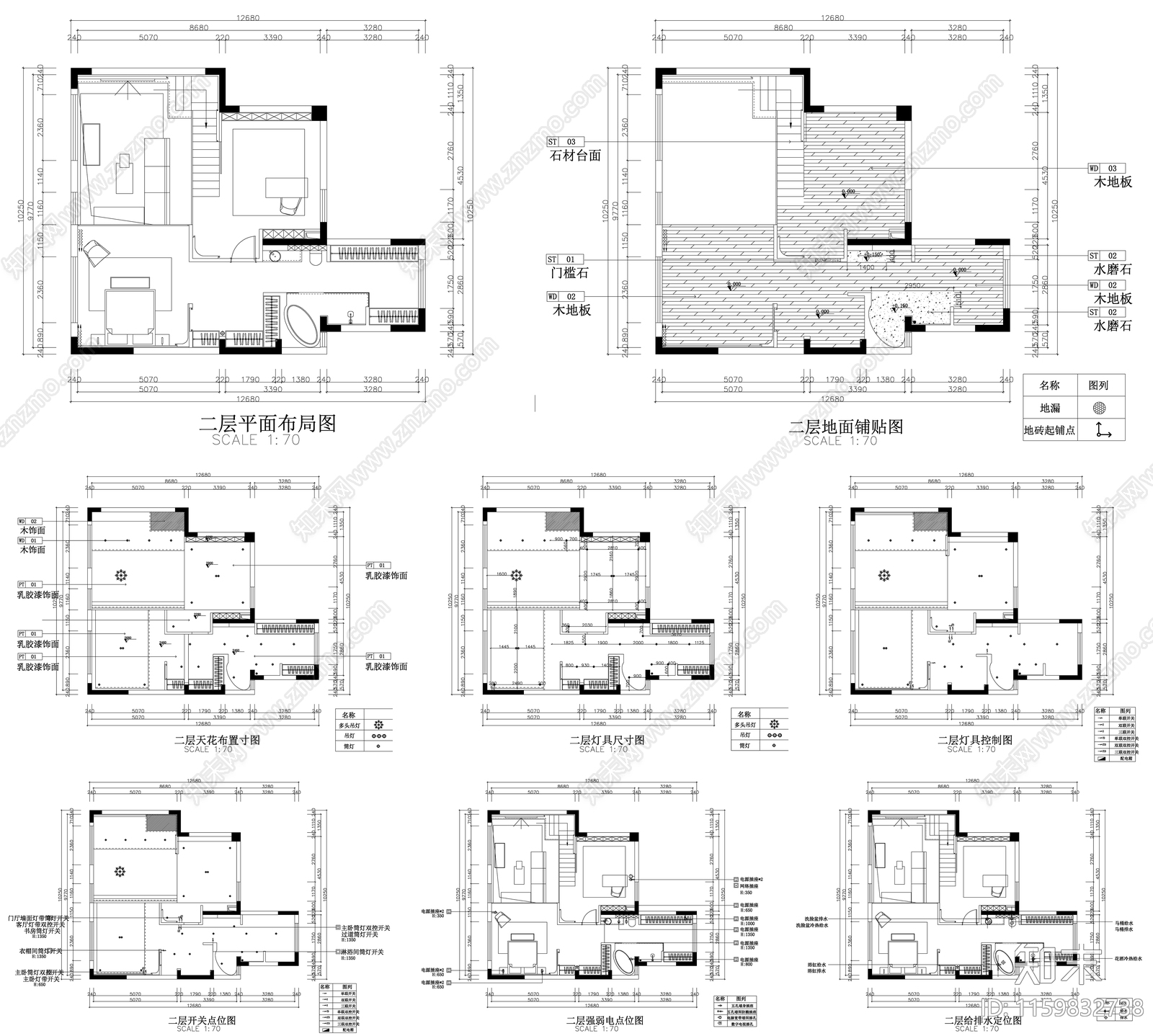 家具布置强电弱电给排水插座空调布局平面图设计素材施工图下载【ID:1159832738】