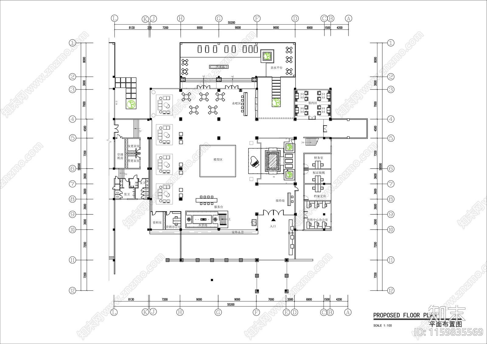 2000㎡高端售楼部平面布局图cad施工图下载【ID:1159835569】