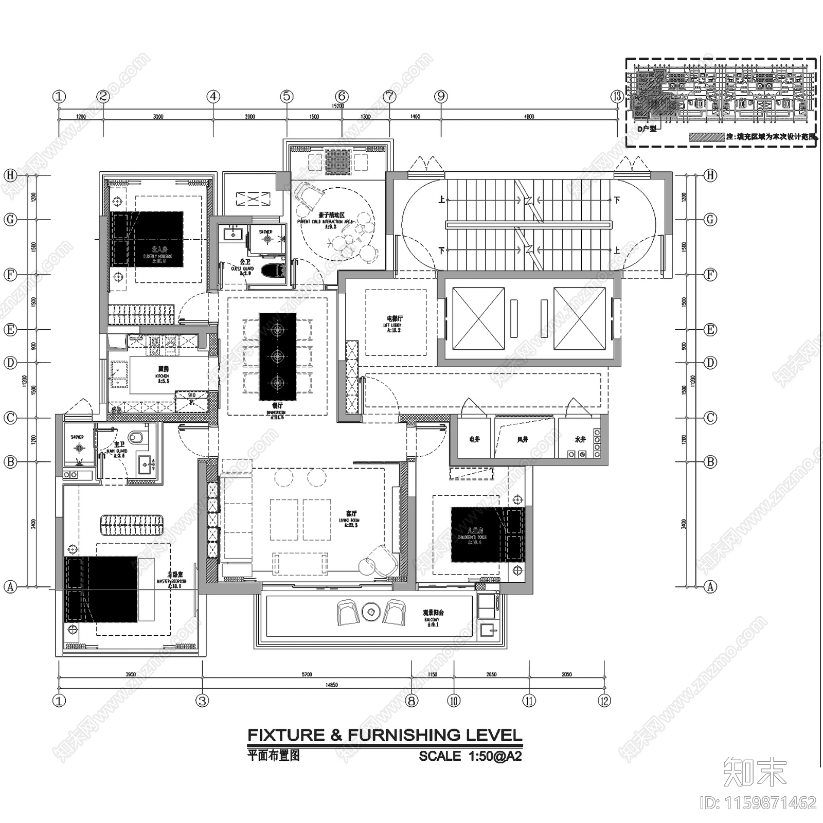 新中式原木南宁建发五象湖平层室内家装cad施工图下载【ID:1159871462】