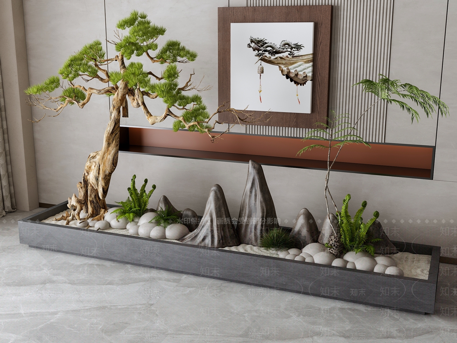 新中式庭院假山花坛盆景3D模型下载【ID:1159872382】