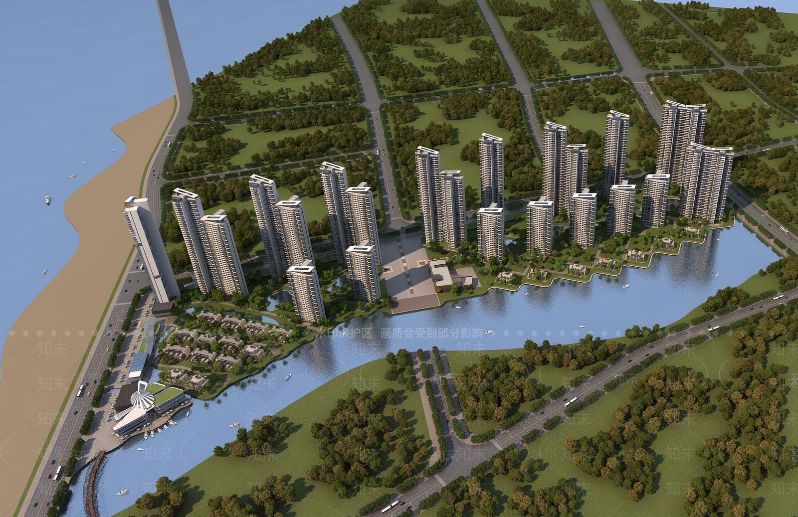 现代临海住宅鸟瞰3D模型下载【ID:1159874346】
