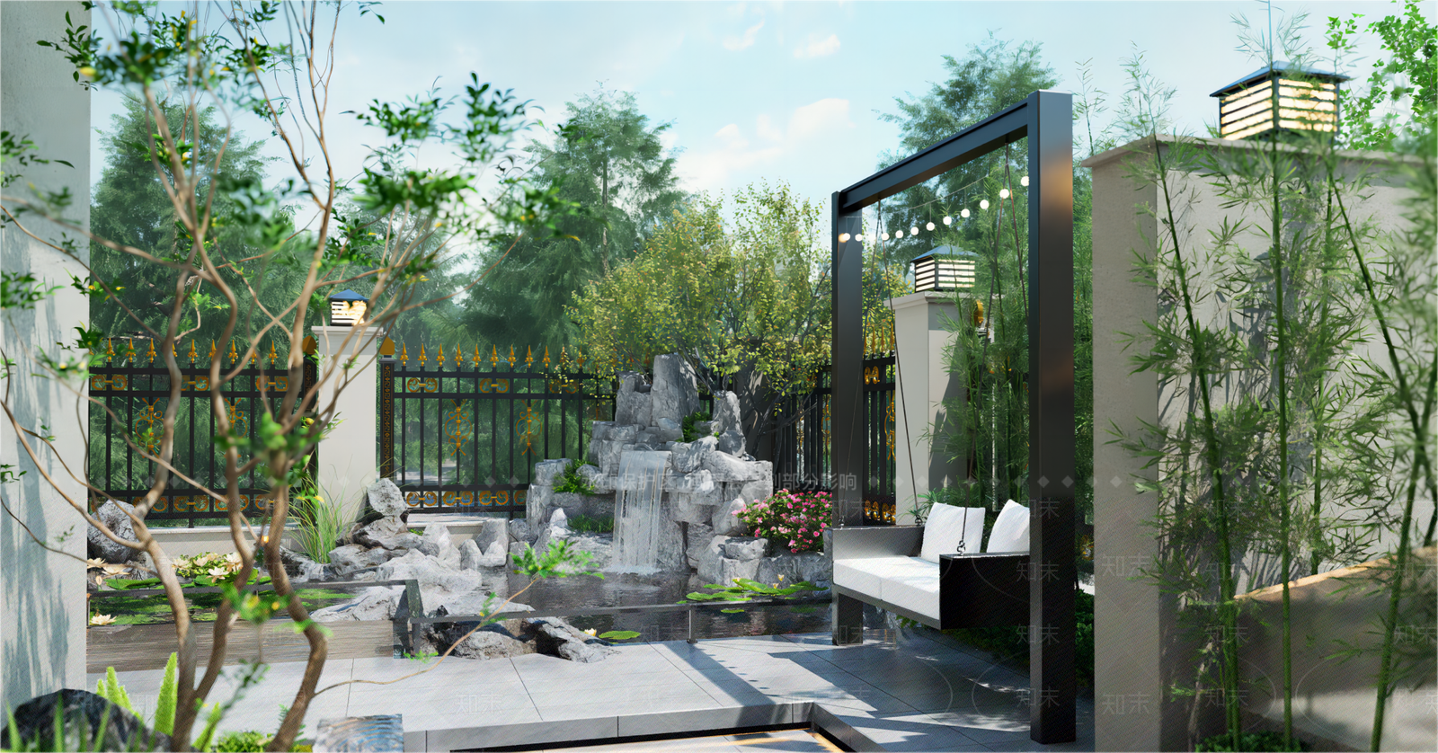 新中式别墅庭院景观SU模型下载【ID:1159874507】