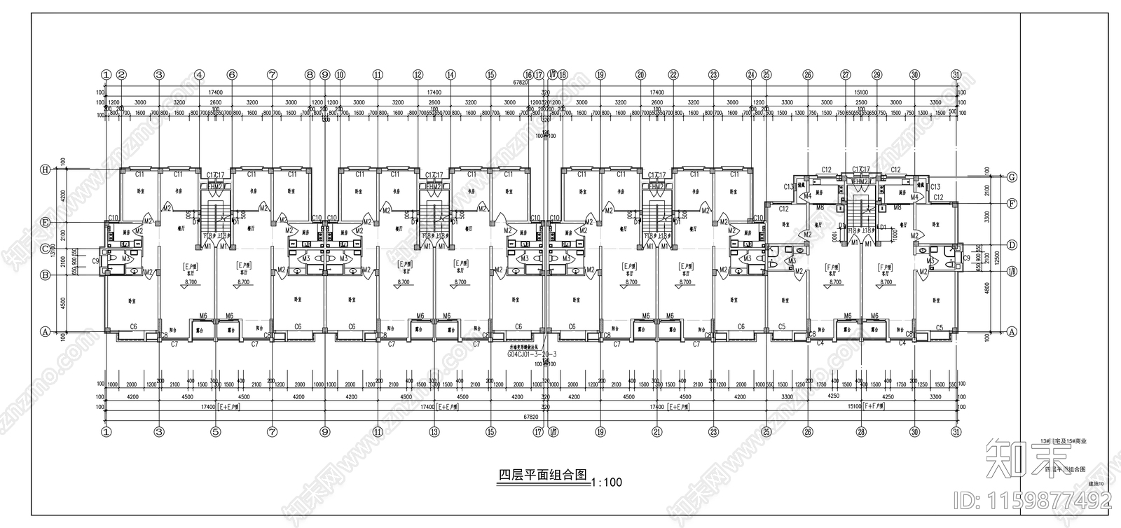 六层框架结构塔式住宅楼建cad施工图下载【ID:1159877492】