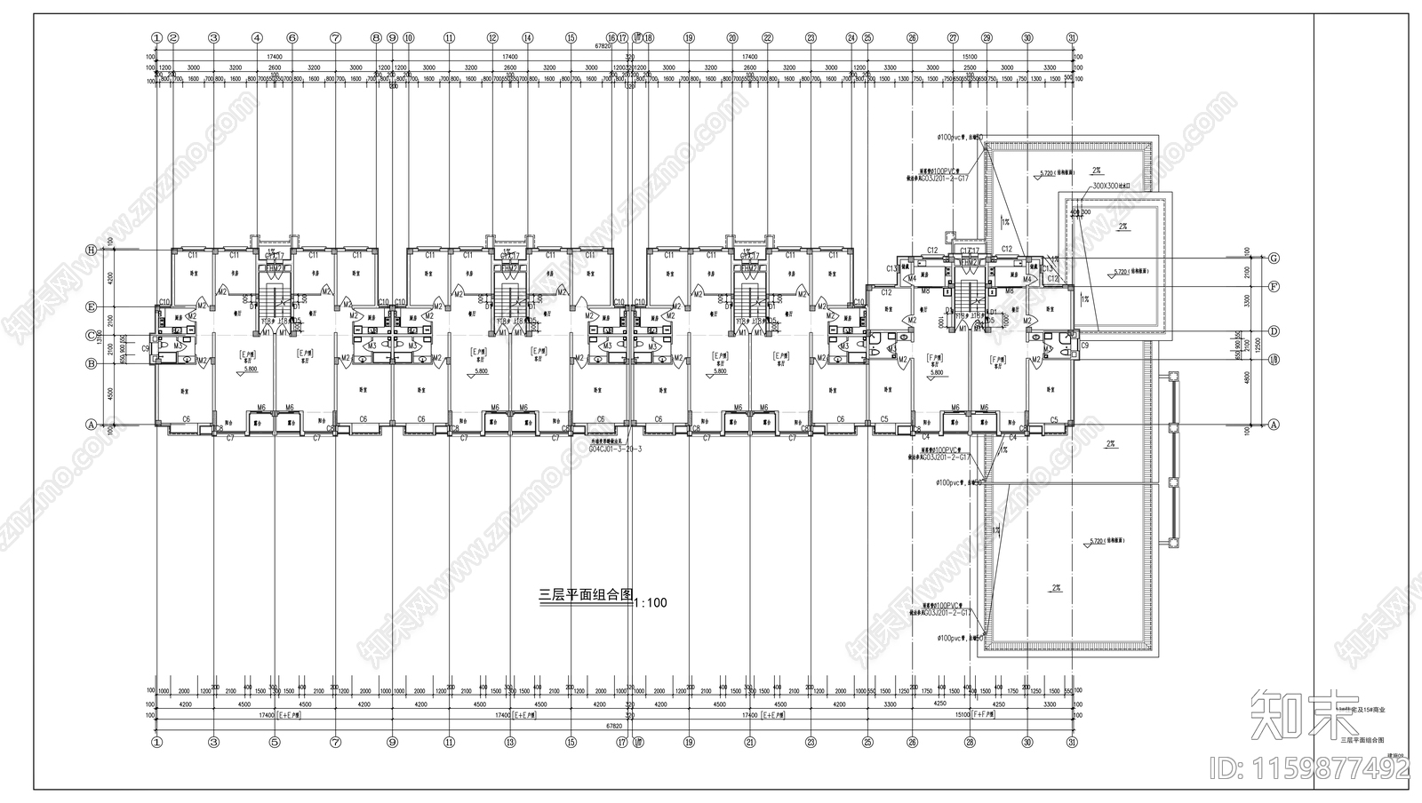 六层框架结构塔式住宅楼建cad施工图下载【ID:1159877492】