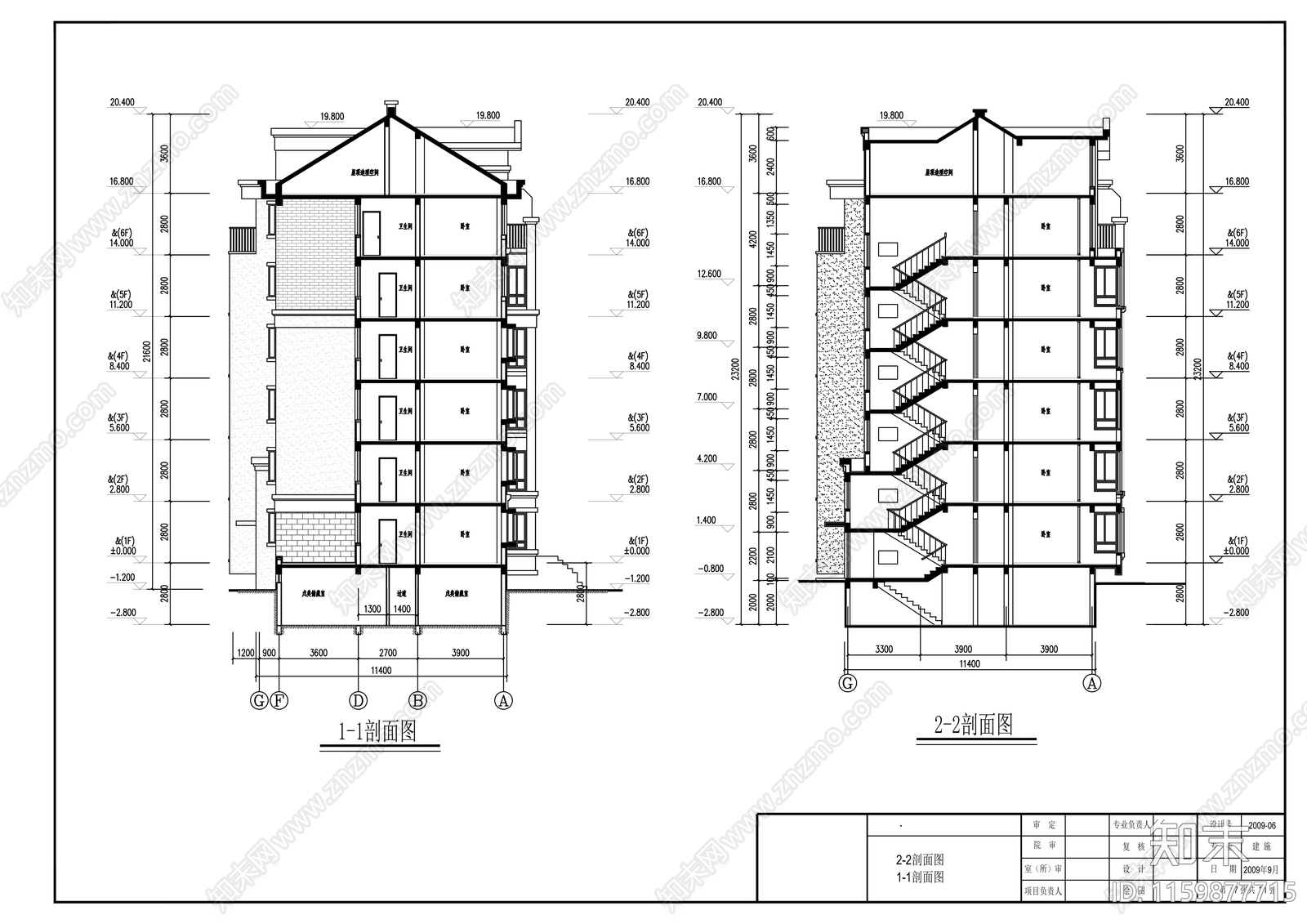 六层一梯二住宅楼cad施工图下载【ID:1159877715】