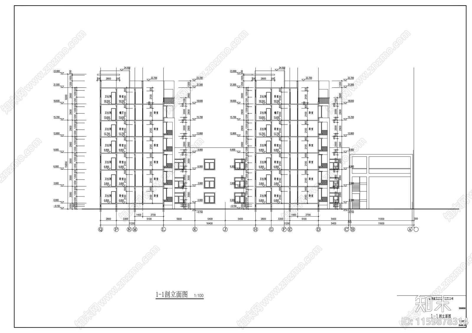 七层住宅居民楼建cad施工图下载【ID:1159878314】