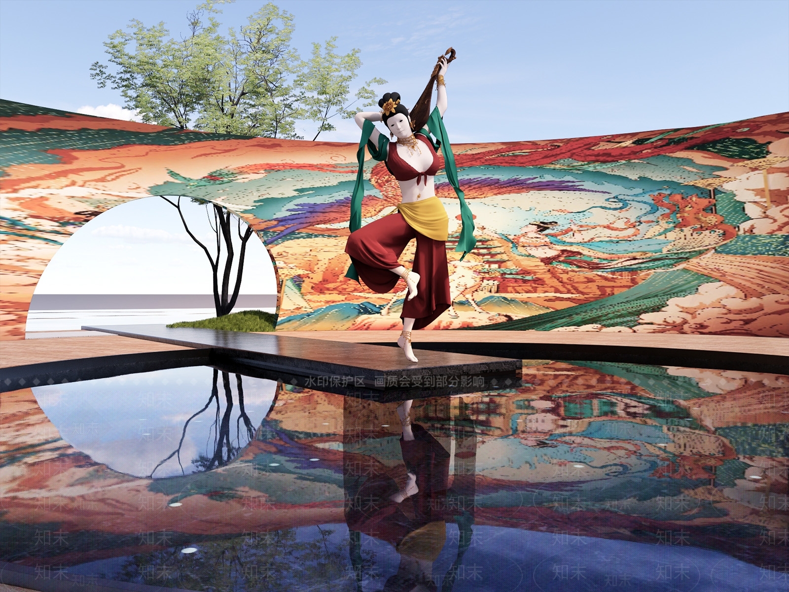 中式敦煌飞天雕塑SU模型下载【ID:1159878682】