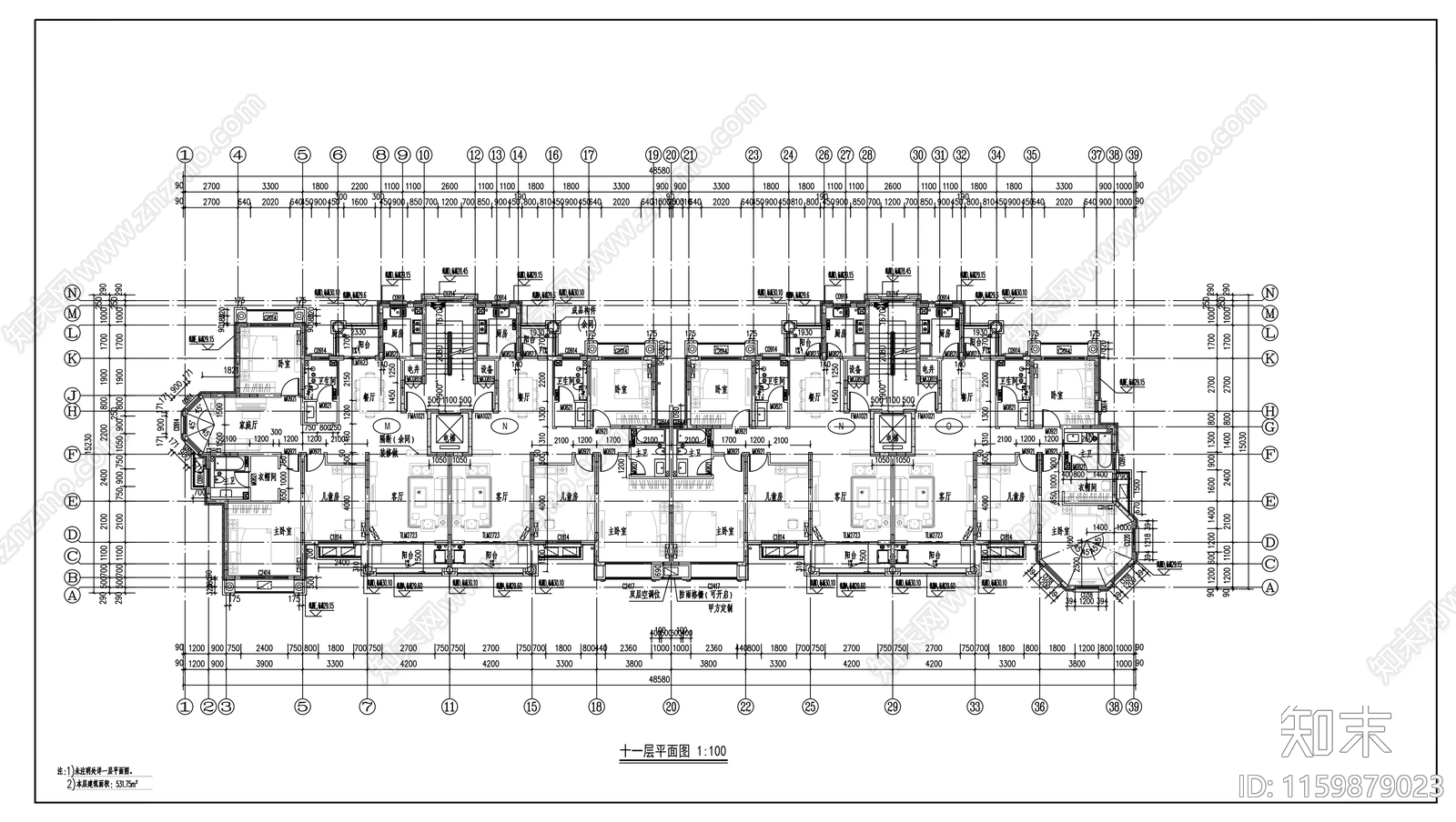 十一层高档观景住宅楼建cad施工图下载【ID:1159879023】