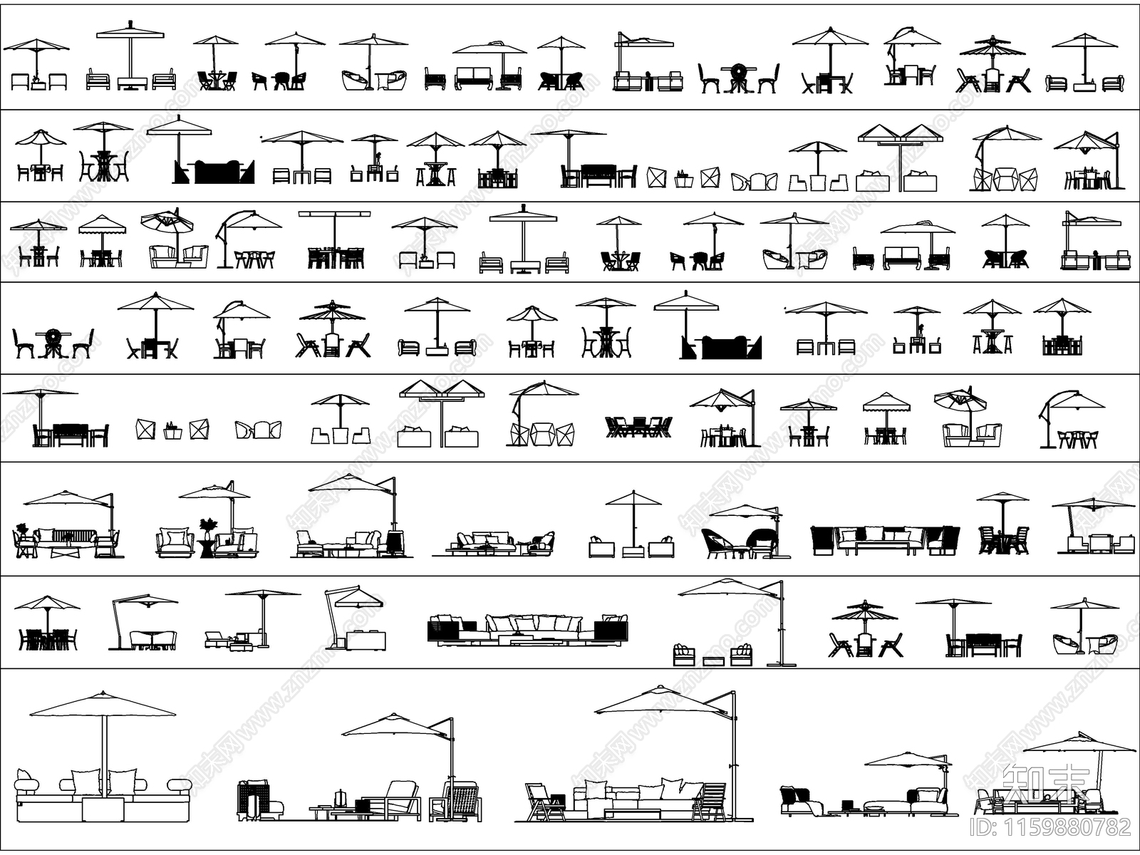 最新超全户外遮阳伞休闲桌椅图库施工图下载【ID:1159880782】