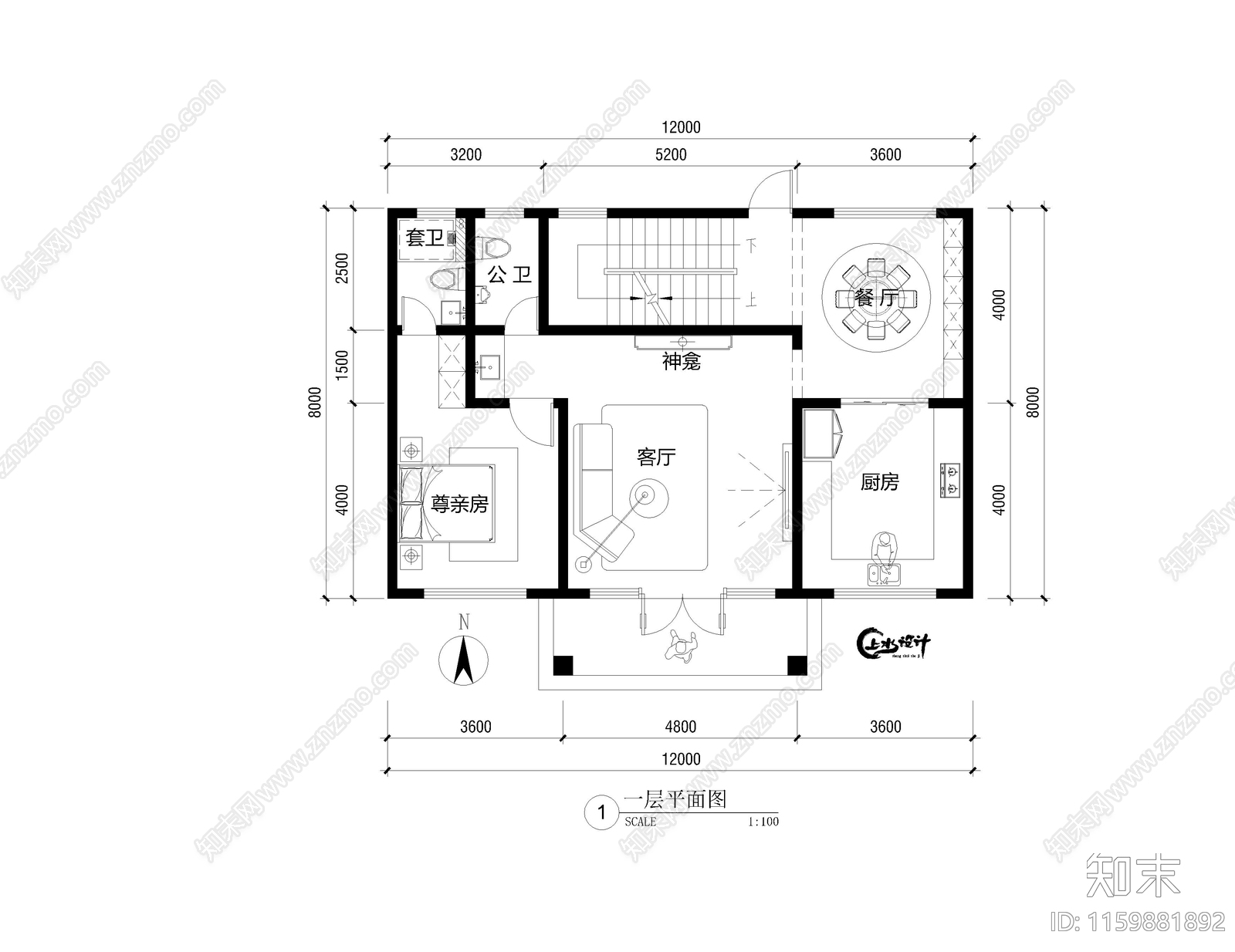 面宽12米进深8米三层自建房cad施工图下载【ID:1159881892】