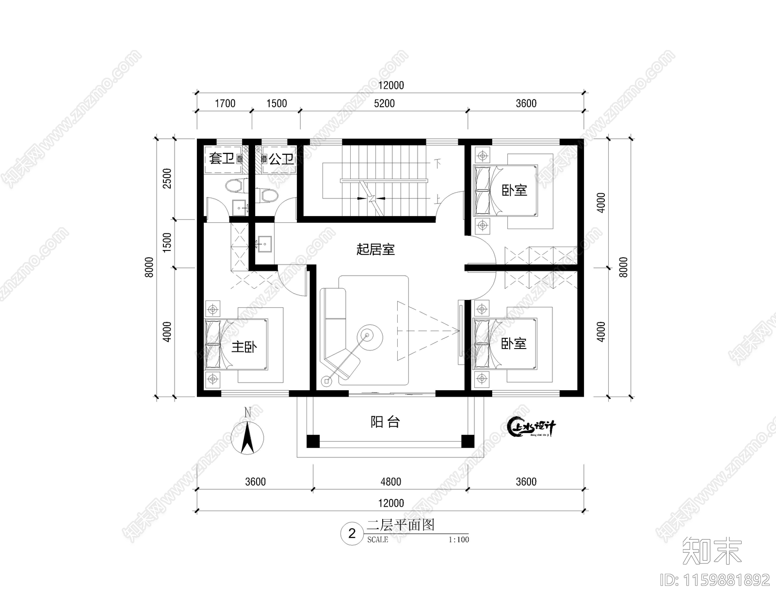 面宽12米进深8米三层自建房cad施工图下载【ID:1159881892】