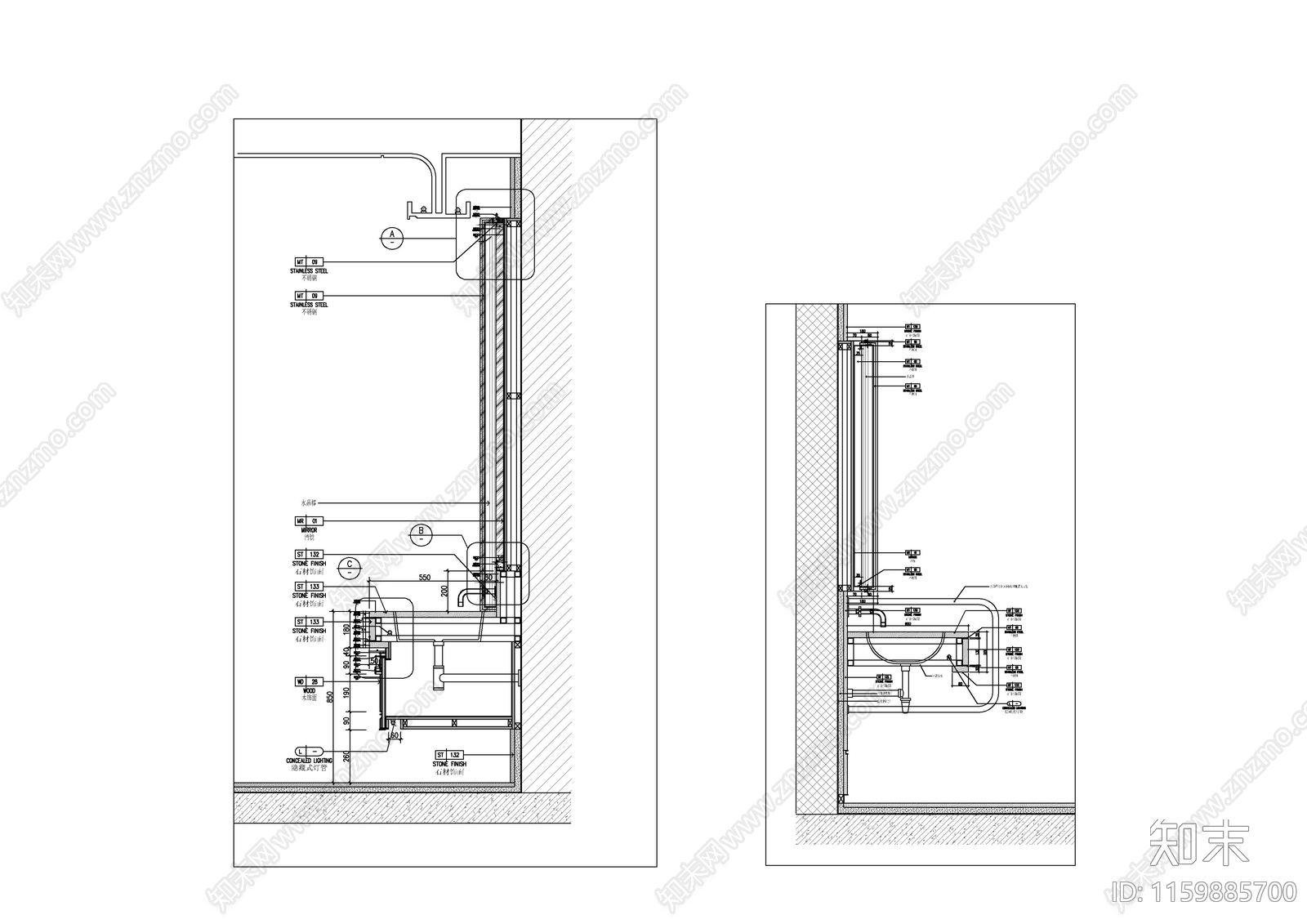 洗手台及浴缸详图cad施工图下载【ID:1159885700】