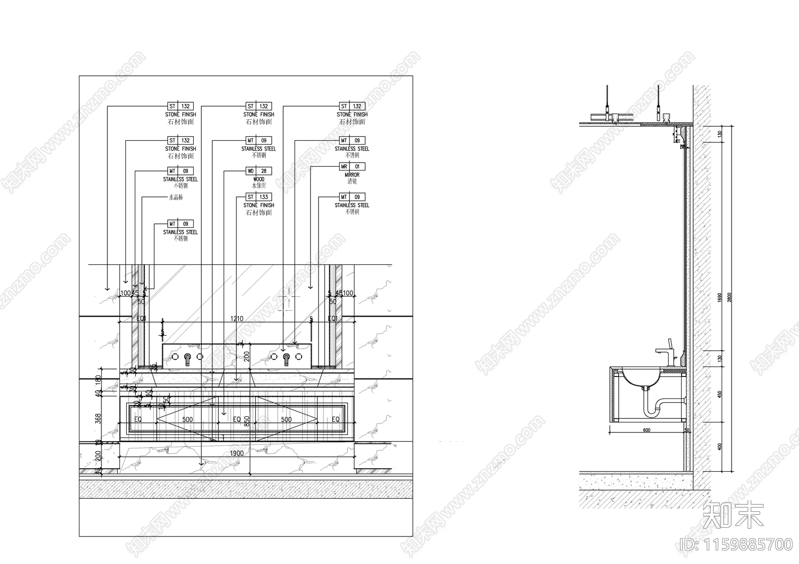 洗手台及浴缸详图cad施工图下载【ID:1159885700】
