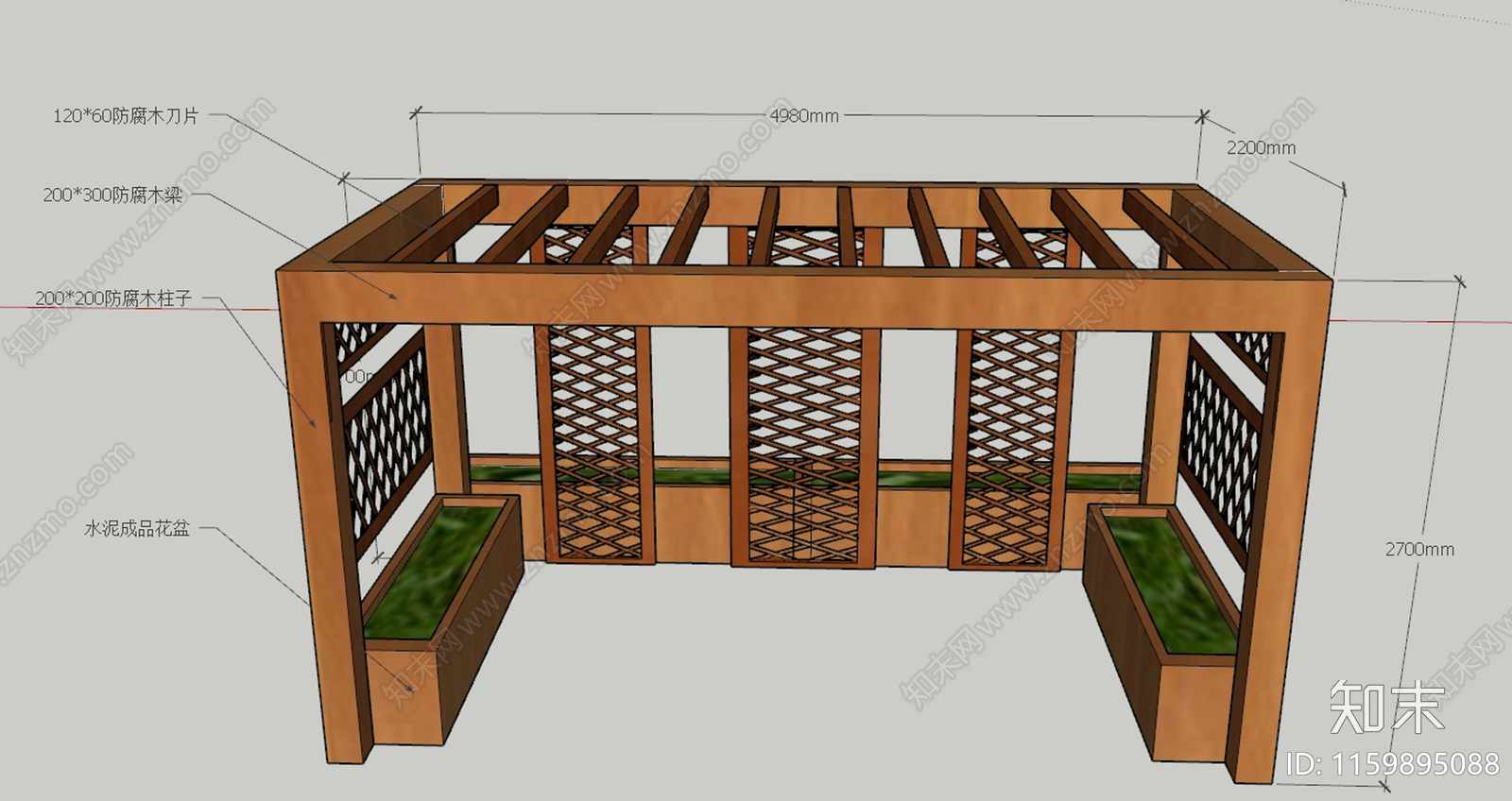 现代防腐木廊架及花箱SU模型下载【ID:1159895088】