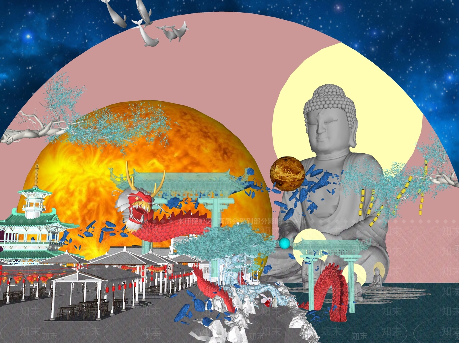 现代网红打卡国潮赛博朋克古风科幻集市宇宙穿越佛像星球梦幻仙侠玄幻神龙SU模型下载【ID:1159895903】
