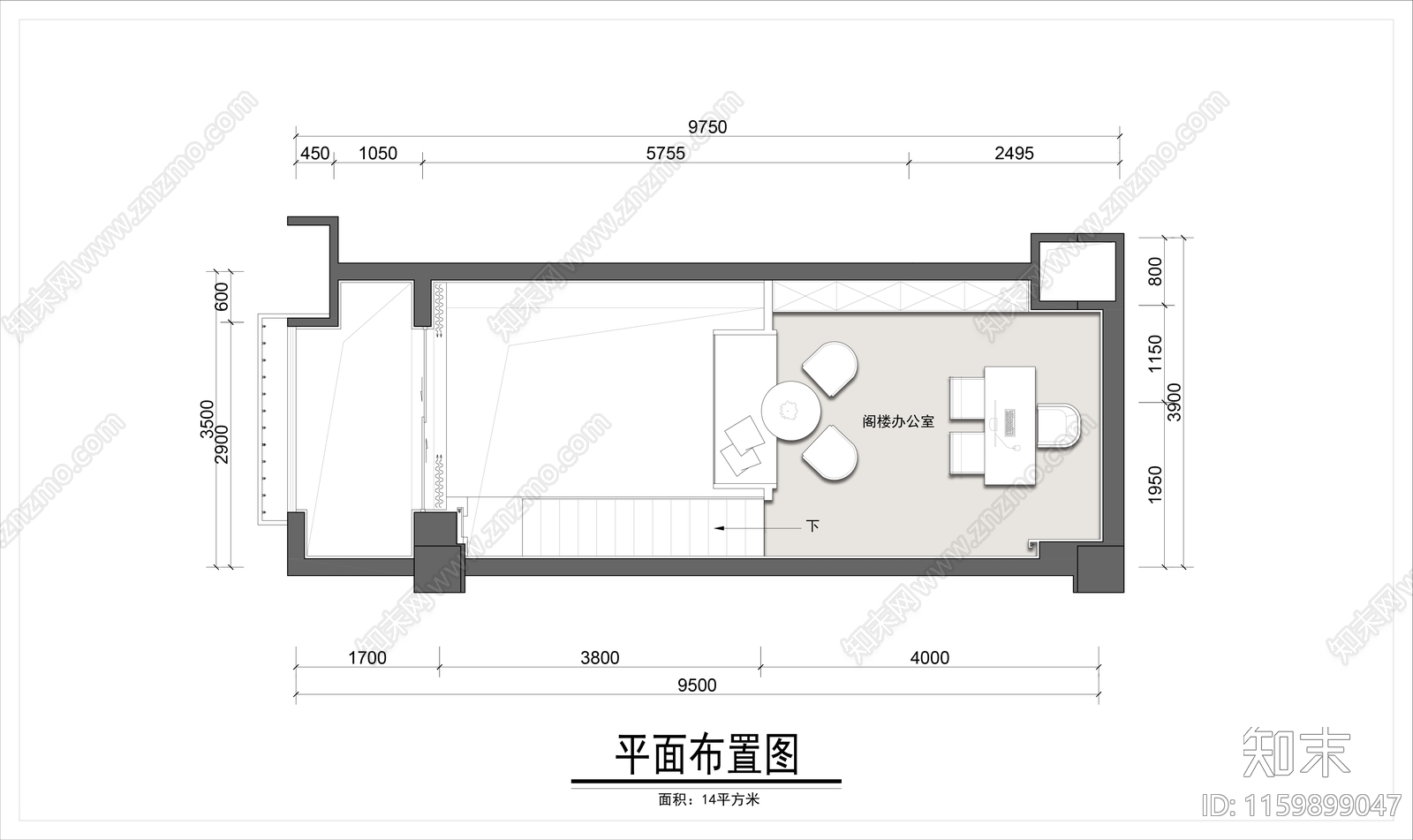 50平米loft办公空间平面布置图施工图下载【ID:1159899047】