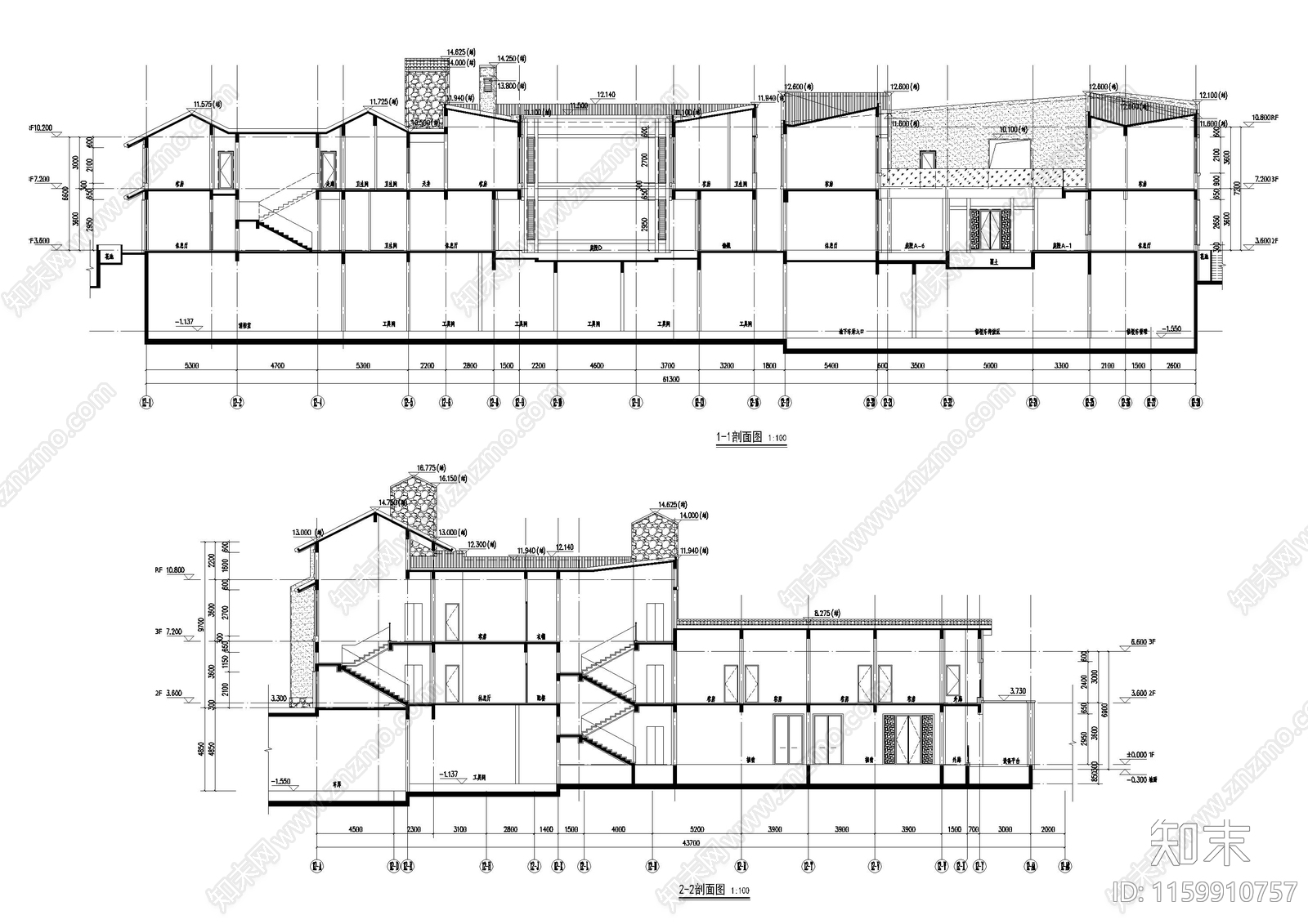 民宿度假小镇建筑cad施工图下载【ID:1159910757】